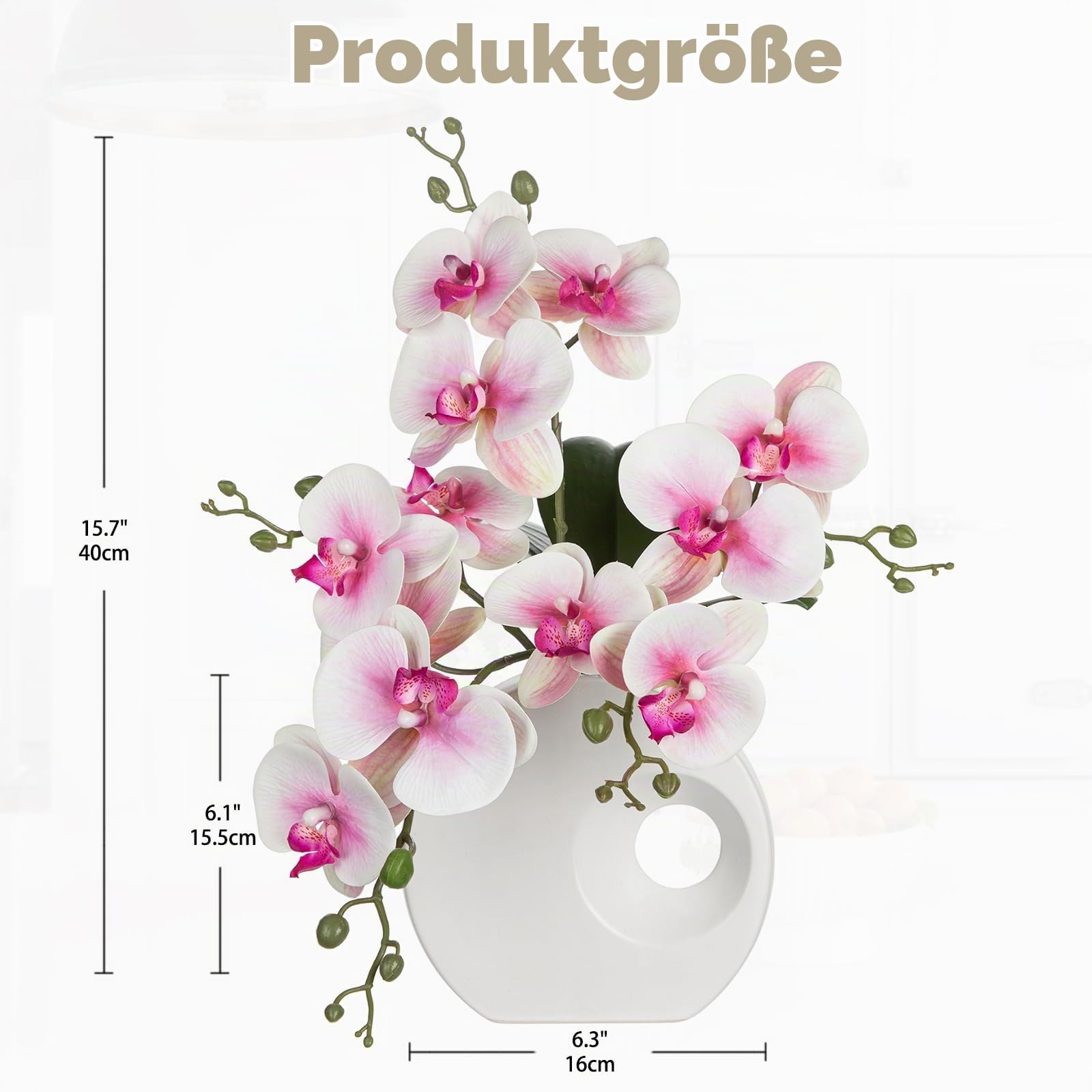 Kunstpflanze Orchideen mit Keramik Donut Vase Künstliche Blume Phalaenopsis Kunstblumen Wie Echt Mit Real-Touch Blüten im Keramiktopf für Tischdekoration Wohnkultur Büro Hochzeitsfeier Dekoration