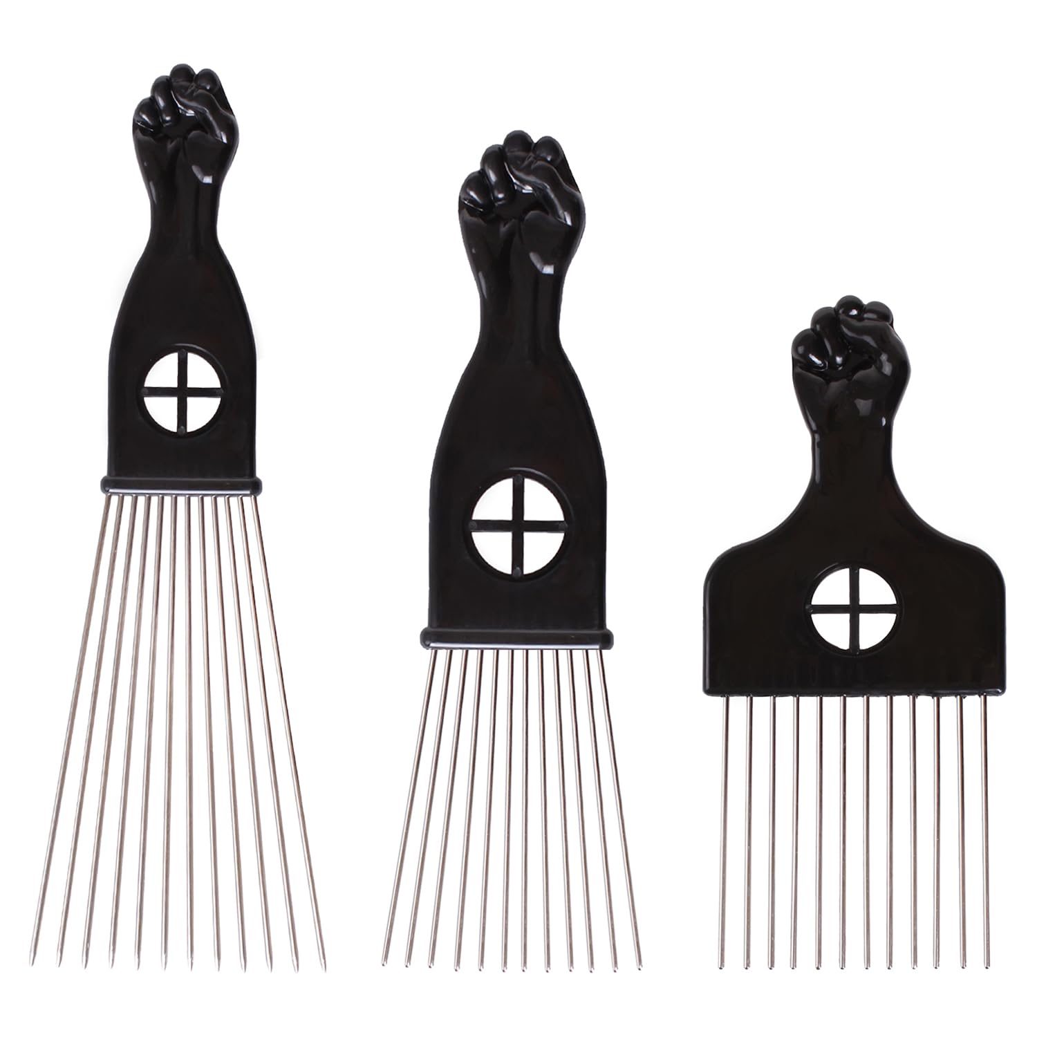 COOKOO 3 Pack Metal Afro Hair Styling Combs - Fist Design Wide Tooth Picks for Women, Men & Natural Curly Hair Hairstyling