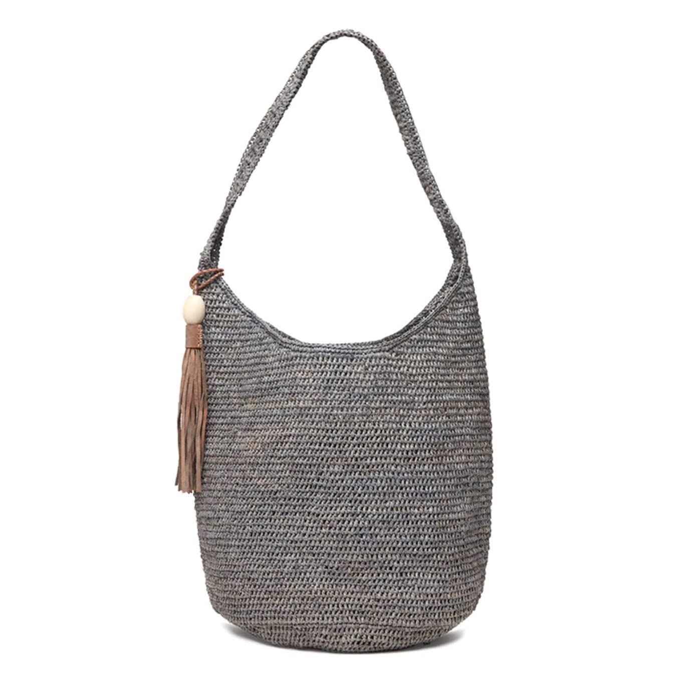 Mar Y Sol Aspen Raffia Bucket Bag, Open Weave Crochet Sling, Natural Tote with Removable Leather Tassel, Dove Grey