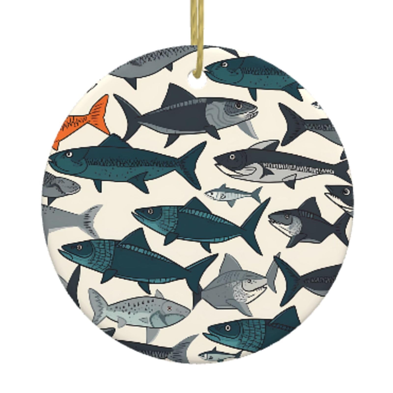 Ceramic Christmas Tree Hanging Ornaments with Gold Ropes Christmas Tree Decorations Round Ceramic Fish Pendant Keepsake Decorations for Holiday Xmas Gift Ideas