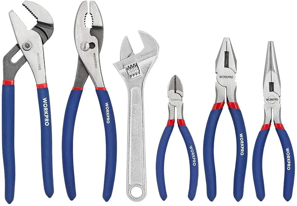 WORKPRO Large Pliers &amp; Wrench Set 6-Piece (10" Water Pump, 10" Slip Joint, 8" Long Nose, 8" Linesman, 6" Diagonal, 8" Adjustable Wrench) for DIY &amp; Home Use, W0013
