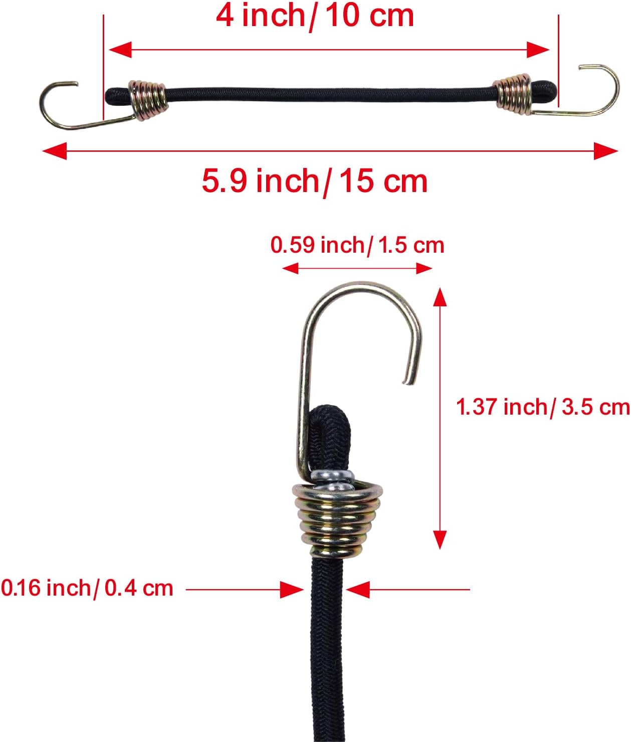 4 Inch Black Bungee Cords with Hooks, 10 Pack Heavy Duty Mini Elastic Straps | Outdoor Use for Securing, Tarps, Camping Gear