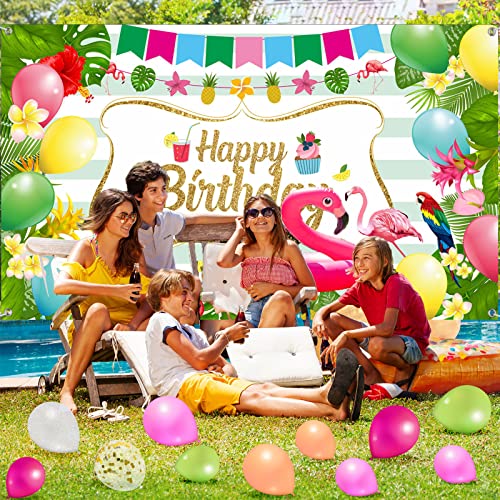 79 Pcs Hawaiian Luau Birthday Party Decorations Tropical Happy Birthday Party Supplies Include Summer Flamingo Backdrop Latex Balloons Artificial Tropical Palm Leaves For Birthday Party Decorations #TOP3