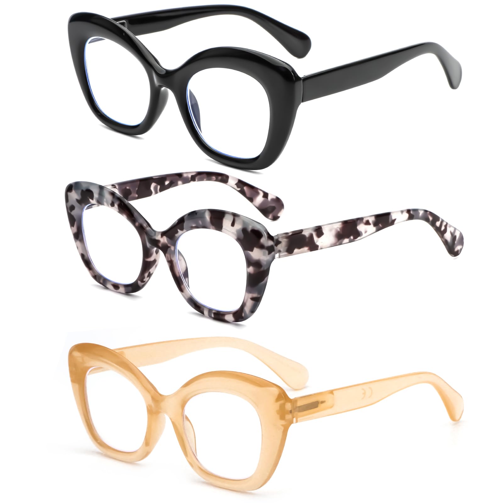 MMOWW Paquete de 3 Gafas de Lectura Ojo de Gato - Elegante Montura de Gafas con Anti Luz Azul para Mujeres y Hombres Bisagras de Muelle