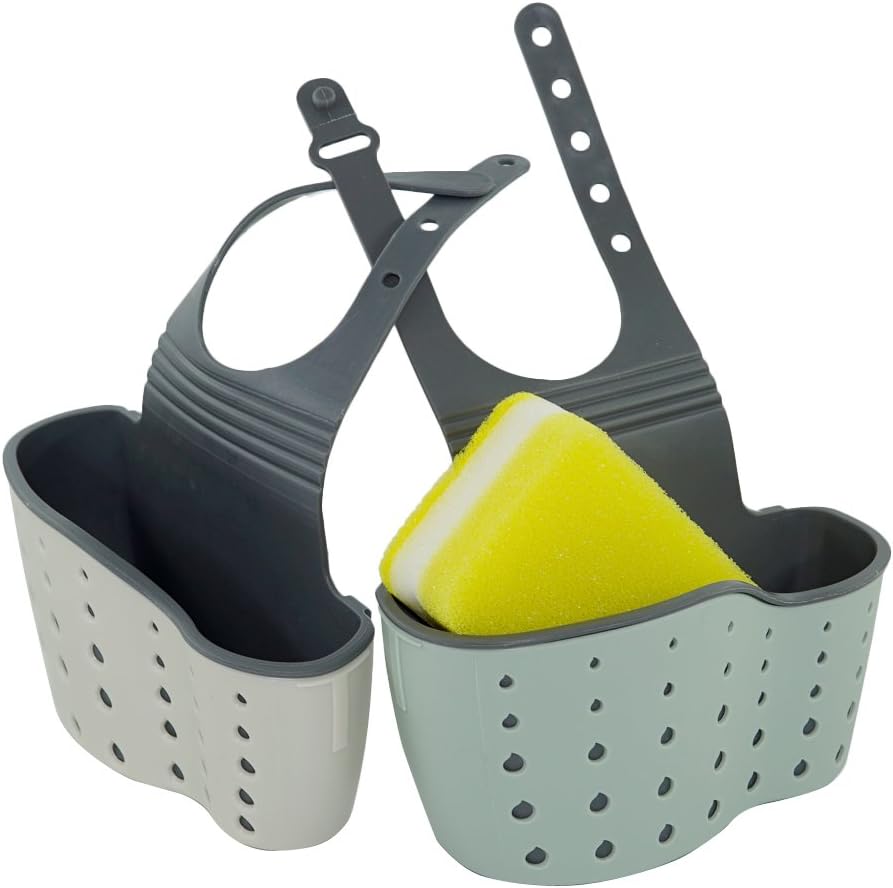 2 pcs Sponge Soap Holders with Sponge, ANIN Adjustable Strap Sink Caddy Hanging Organizer Storage Pocket for Kitchen Bathroom - Grey