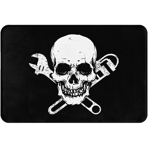 Funny Plumber Pipe-Fitter Wrench Skull Indoor Doormat 24" x 16" - Non-Slip Entrance Rug for Bathroom, Kitchen, Front Door - Absorbent Waterproof Bath Mats for Indoor Use (Black)