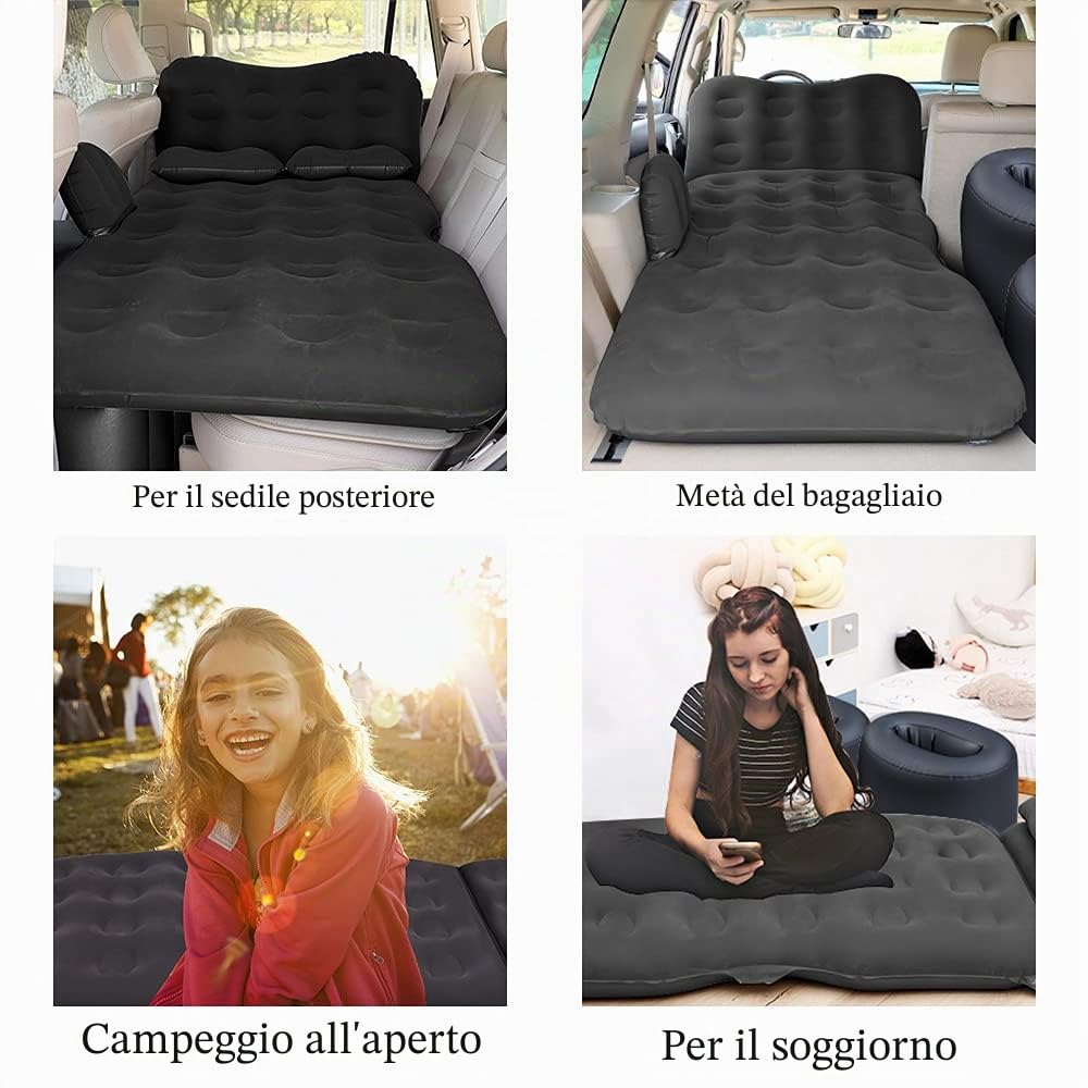 SAYGOGO Materasso gonfiabile per auto, letto da viaggio, letto da campeggio ispessito, con pompa ad aria per auto, 2 cuscini, per auto, tenda, SUV, berlina, sedile posteriore, nero