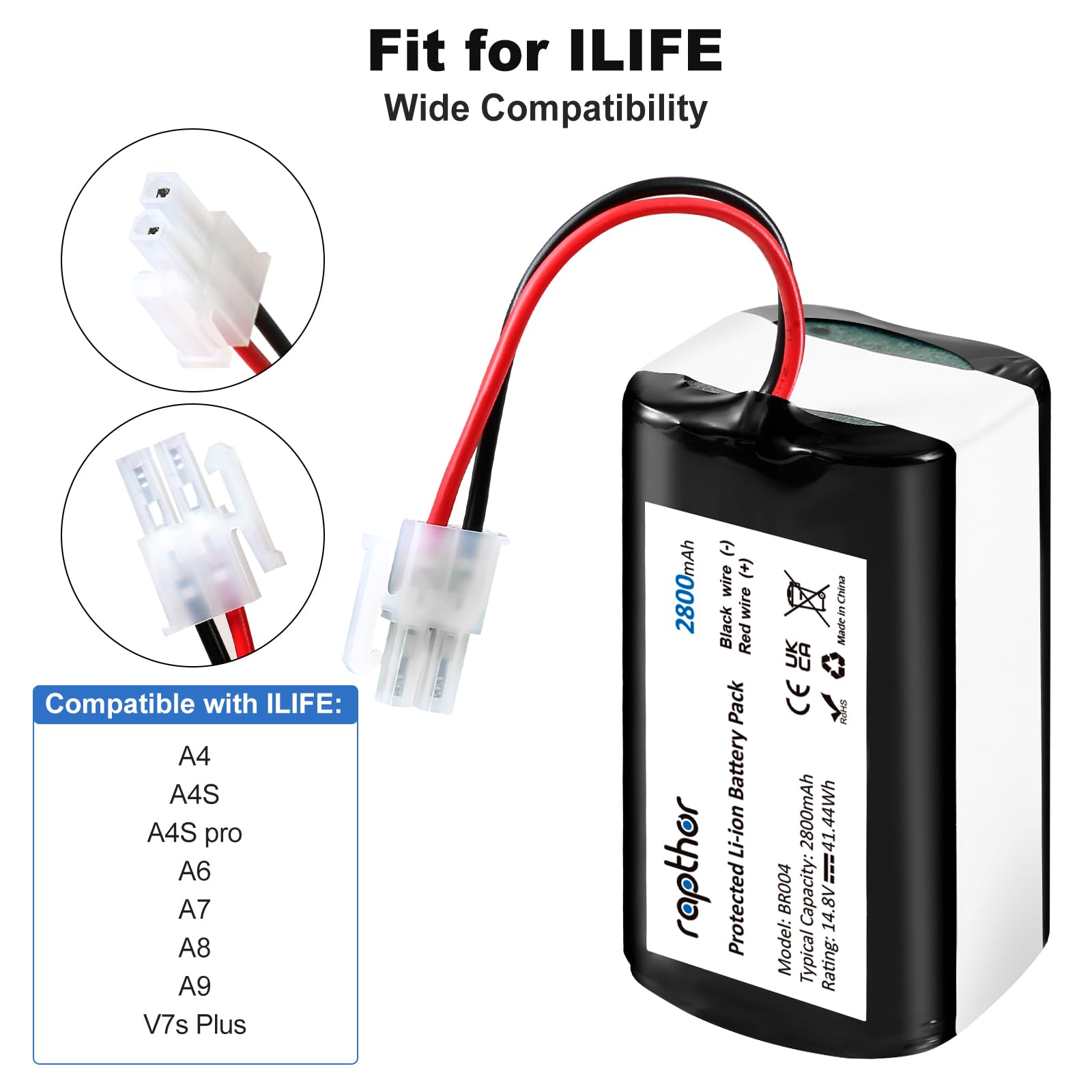 Replacement Battery for ILIFE A4S Robot 2800mAh, Compatible with A4, A4S pro, A6, A7, A9, A10, V3x, Compatible with V7, V7s Plus, V7 PRO, W400, W400s, W450 Robot Vacuum Cleaners,14.8V/41.44Wh(2PCS)