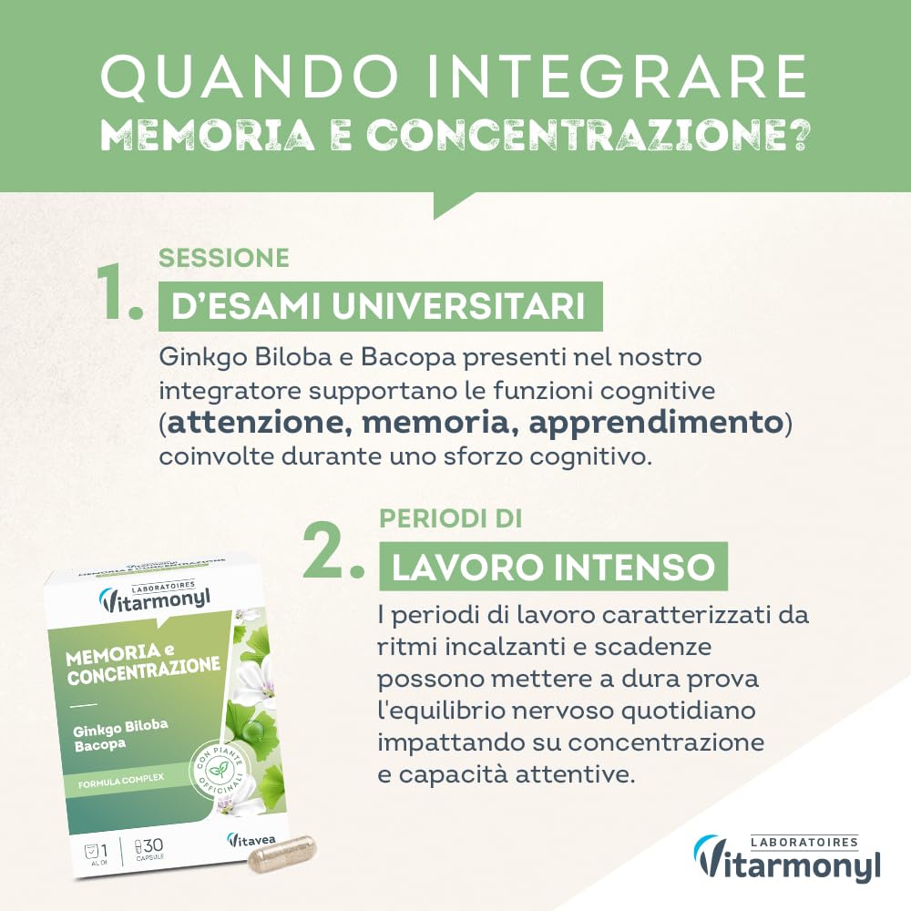 Memoria e Concentrazione - Integratore Alimentare con Ginkgo Biloba e Bacopa - Favorisce la Memoria e la Concentrazione - Benessere Mentale - Antiossidante - 30 capsule - Vitarmonyl