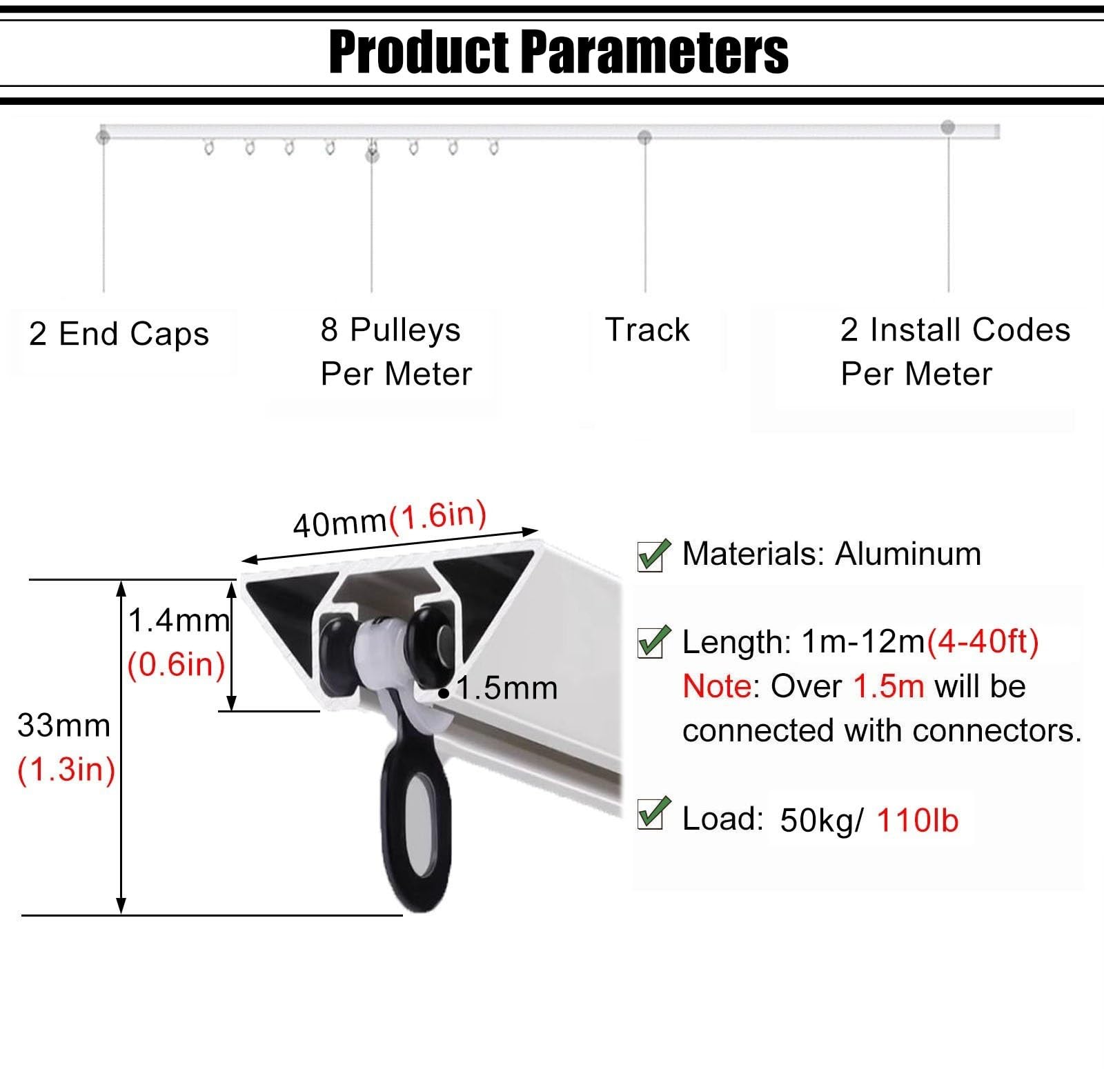 SRNSAEB 40ft 30ft 20ft 16ft 14ft 12ft 10ft Curtain Track Rail Ceiling Mount, Room Divider Curtain Track System with Gliders and Hooks, Straight Drapery Track Set (Color : Black, Size : 28ft/853cm)