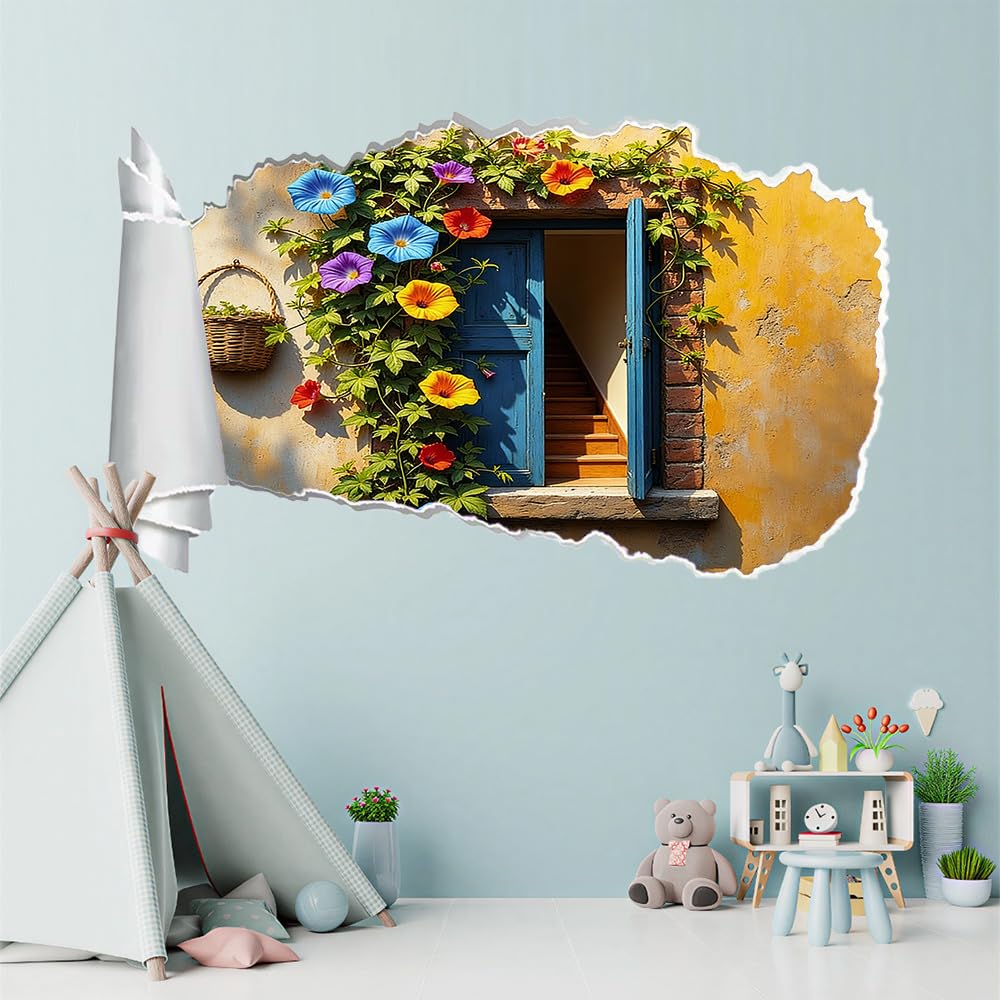 3D Durchbruch Wandtattoo Mädchen Kinderzimmer Prunkwinden Wandaufkleber Dekorative Blaue Tür Wandsticker für Junge Teenager Zimmer Wohnzimmer Schlafzimmer Wandbilder Deko
