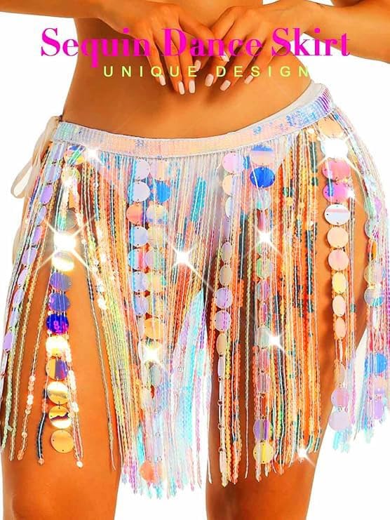 TWINKLEDE Sparkly Sequin Fringe Skirt Tassel Belly Dance Hip Scarf Rave Costume Skirts for Women - Image 5
