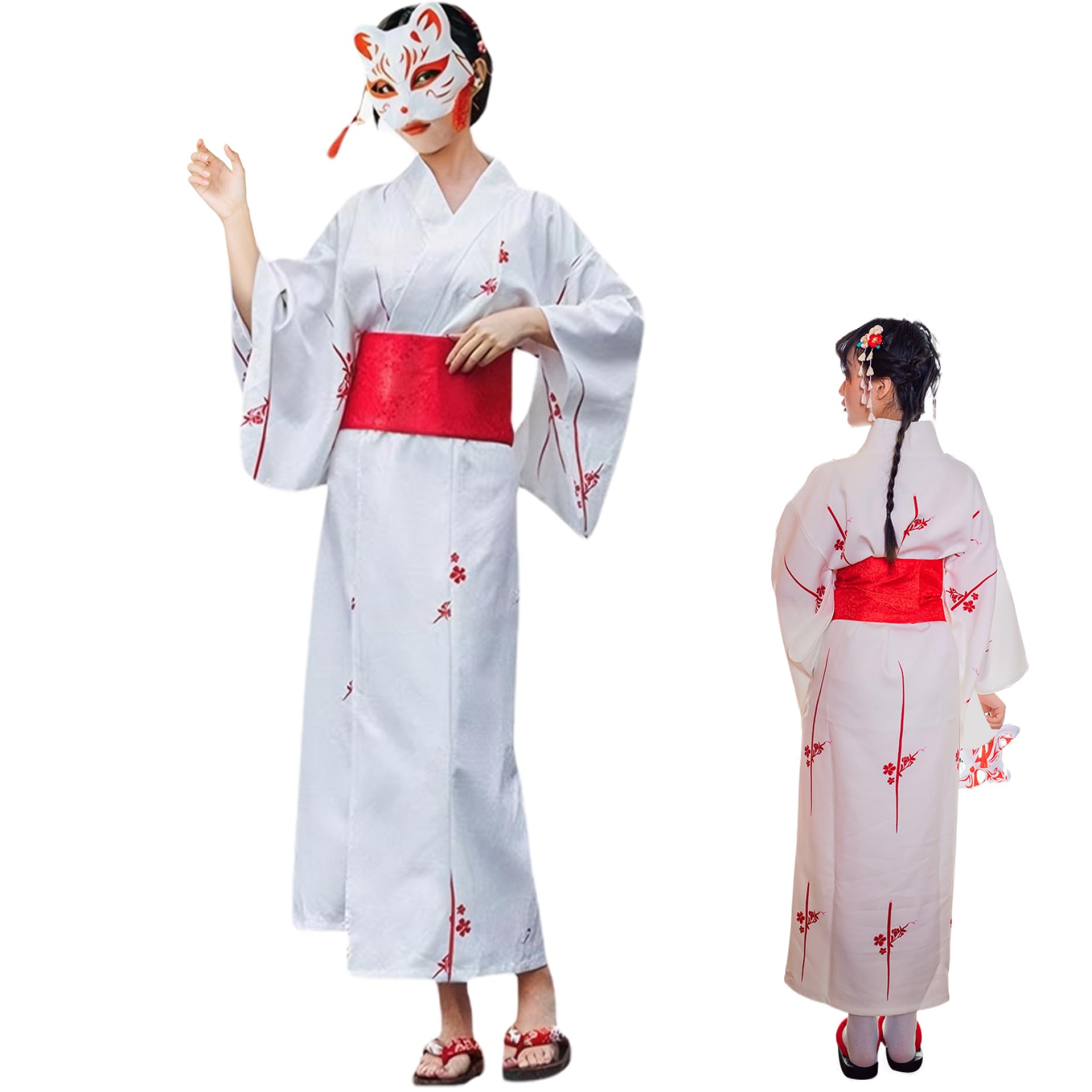eurNhrNYukata Women with Mask Japanese Clothes for Women Flower Print Japanese Kimono Kyoto Traditional White Kimono Robes for Women Easy Wearin