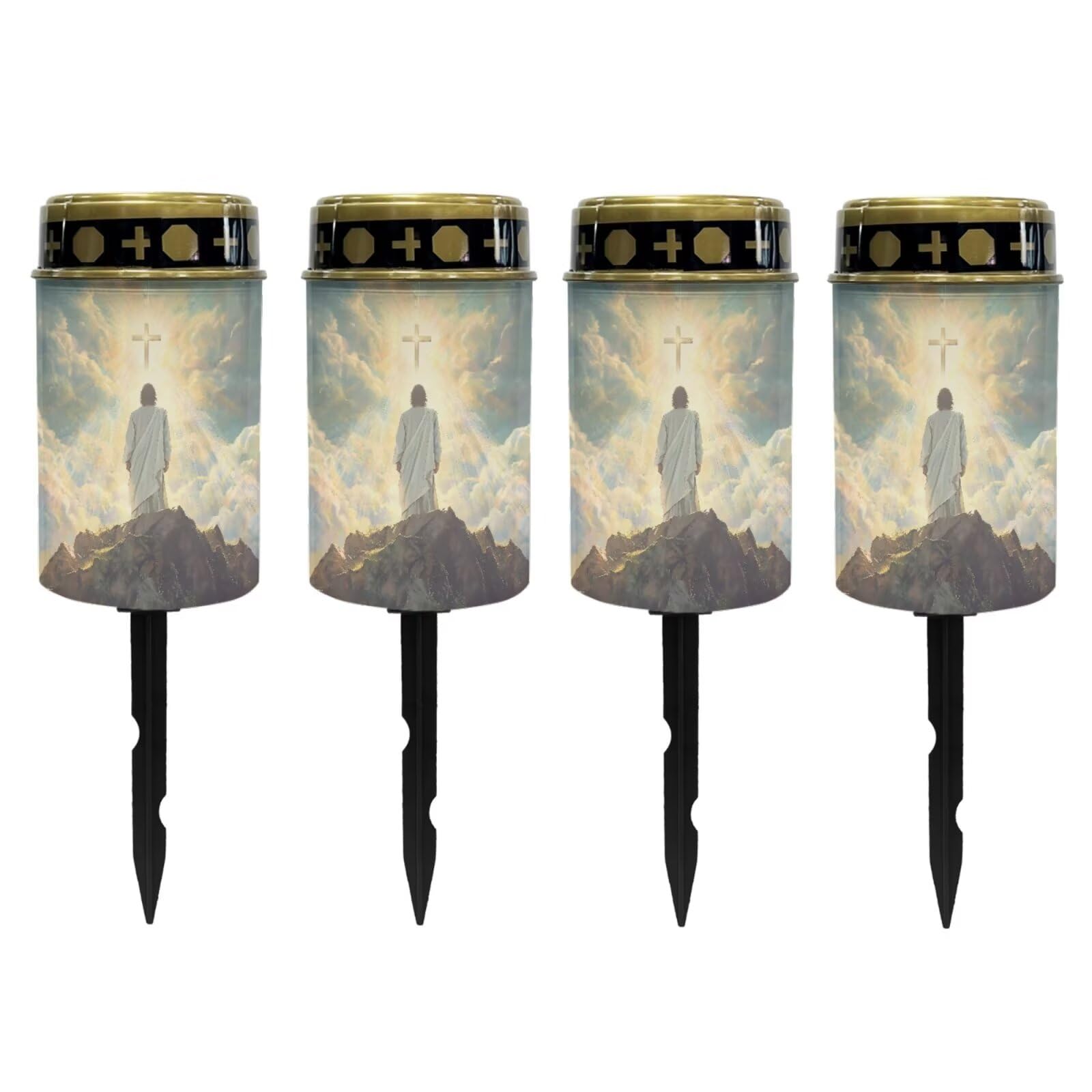Poceacles 4 Pack Cross Solar Candle Cemetery LED Garden Lights - Outdoor Waterproof with Dusk to Dawn Sensor, God Cross Light