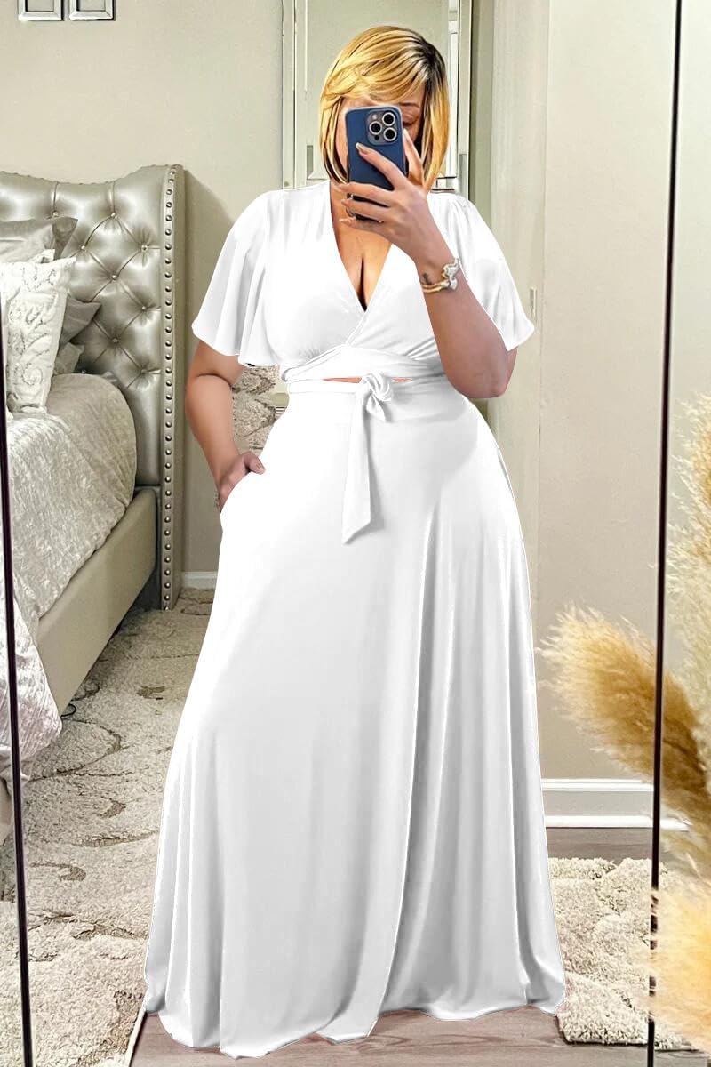 Plus Size Women's 2 Piece Outfits Casual Short Ruffle Sleeve Wrap Crop Top Maxi Long Dress Flowy Matching Sets - Image 2