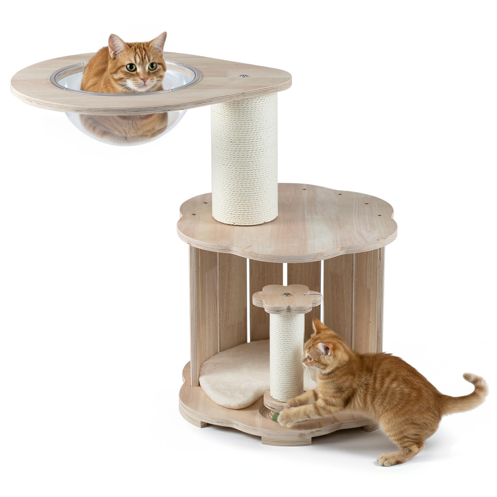 COSTWAY Albero per Gatti Alto 74 cm, Tiragraffi per Gatti in Legno con Condo, Capsula Spaziale, Tiragraffi, Gioco Interattivo con Pista per Palline in Legno, Pallina Appesa e Tappetino Lavabile