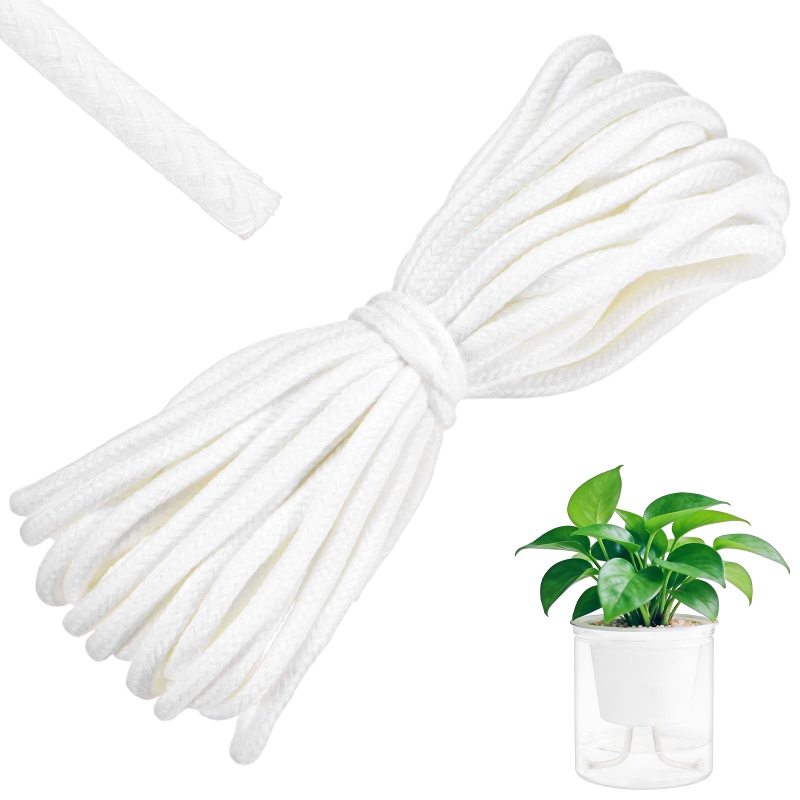 M METERXITY 1-Pack 32.8 Feet Self Watering Wick Cord, 1/5 Inch Cotton Rope Self Wicking Rope for Potted Plants/Flower Pots/Seedlings, Water Wicks for Plants [White]
