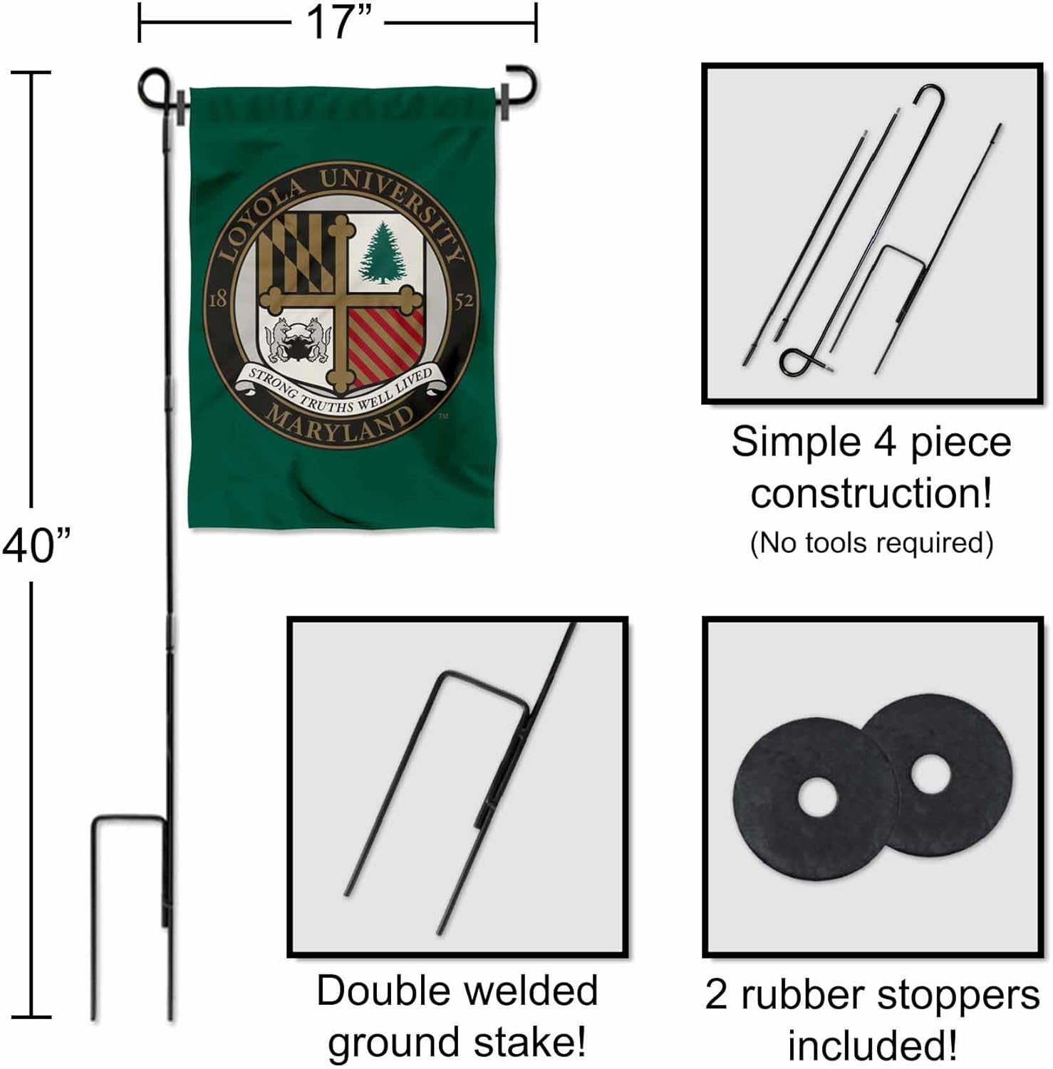 College Flags & Banners Co. Loyola University Maryland Academic Logo Garden Flag and Flag Stand Pole Holder Set
