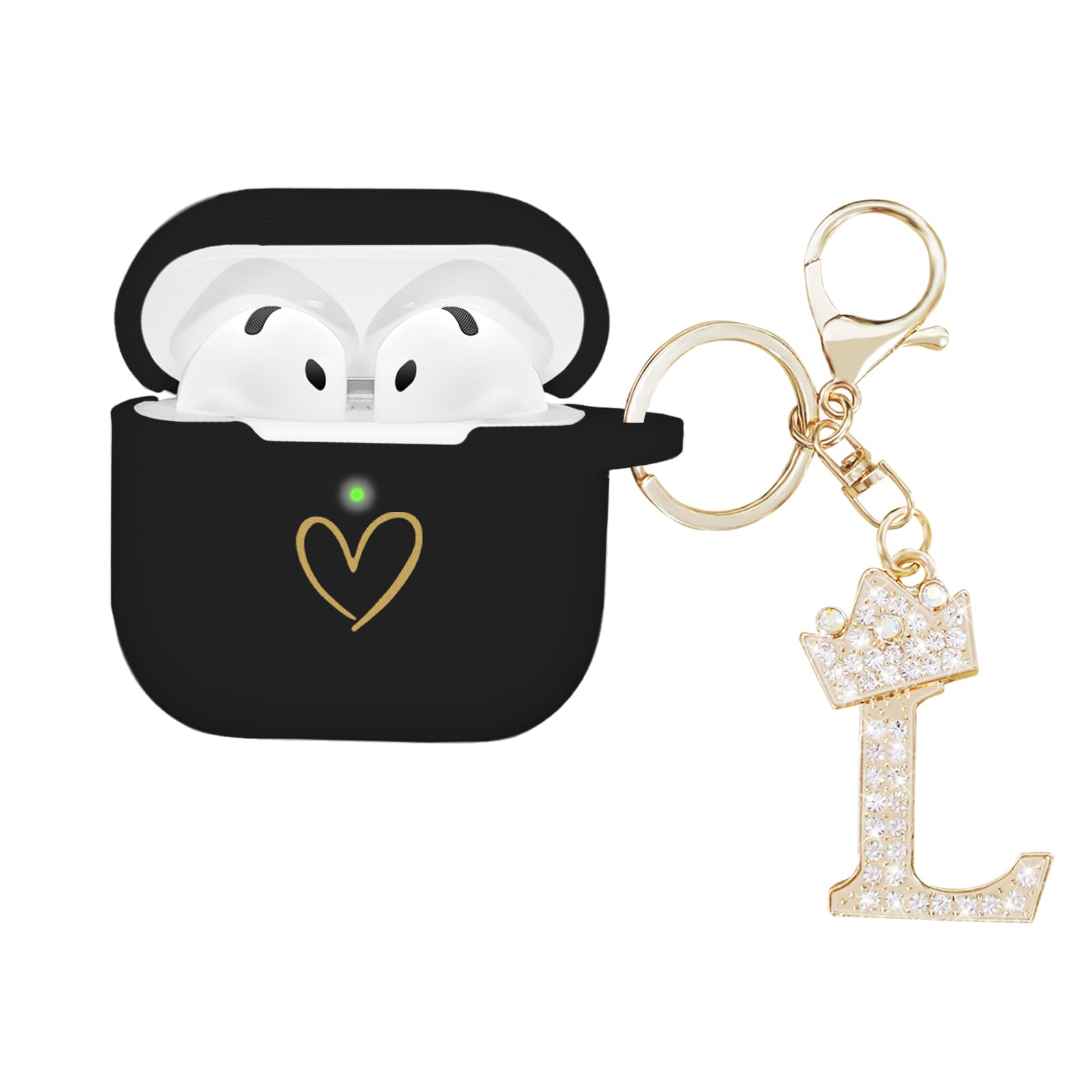 AIIEKZ Compatible With AirPods 4 Cover 2024, Soft Silicone Case With Gold Heart Pattern for 4th Generation, Rhinestone Studded Letter A-Z Keychain (L