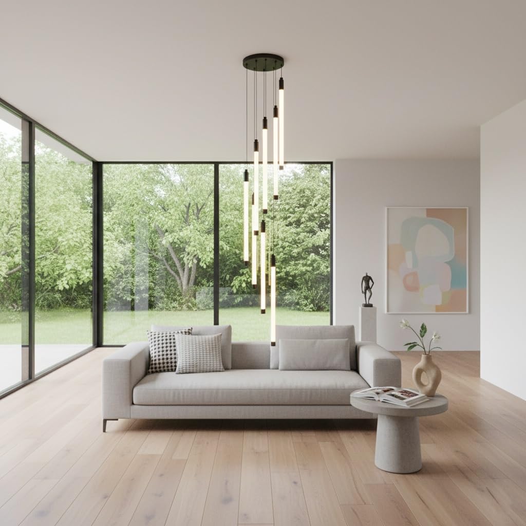 Moderner Linearer Schwarzer Röhren Kronleuchter, Pendelleuchte LED Höhenverstellbar für Hohe Decken Hängelampe Wohnzimmer Foyer Villa(8 Lights)
