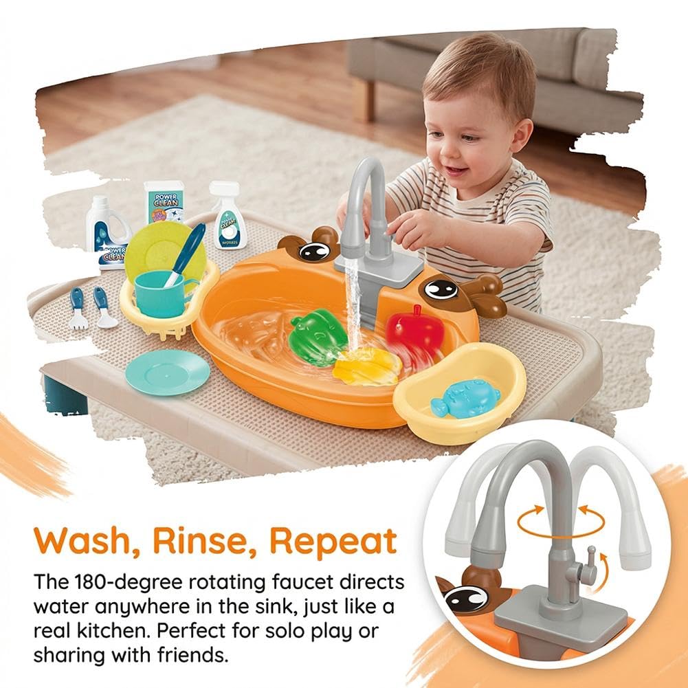 Kids Sink with Running Water, Kitchen Sink Toys, Plastic Frog Play Sinks with 180° Rotating Faucet - Image 9