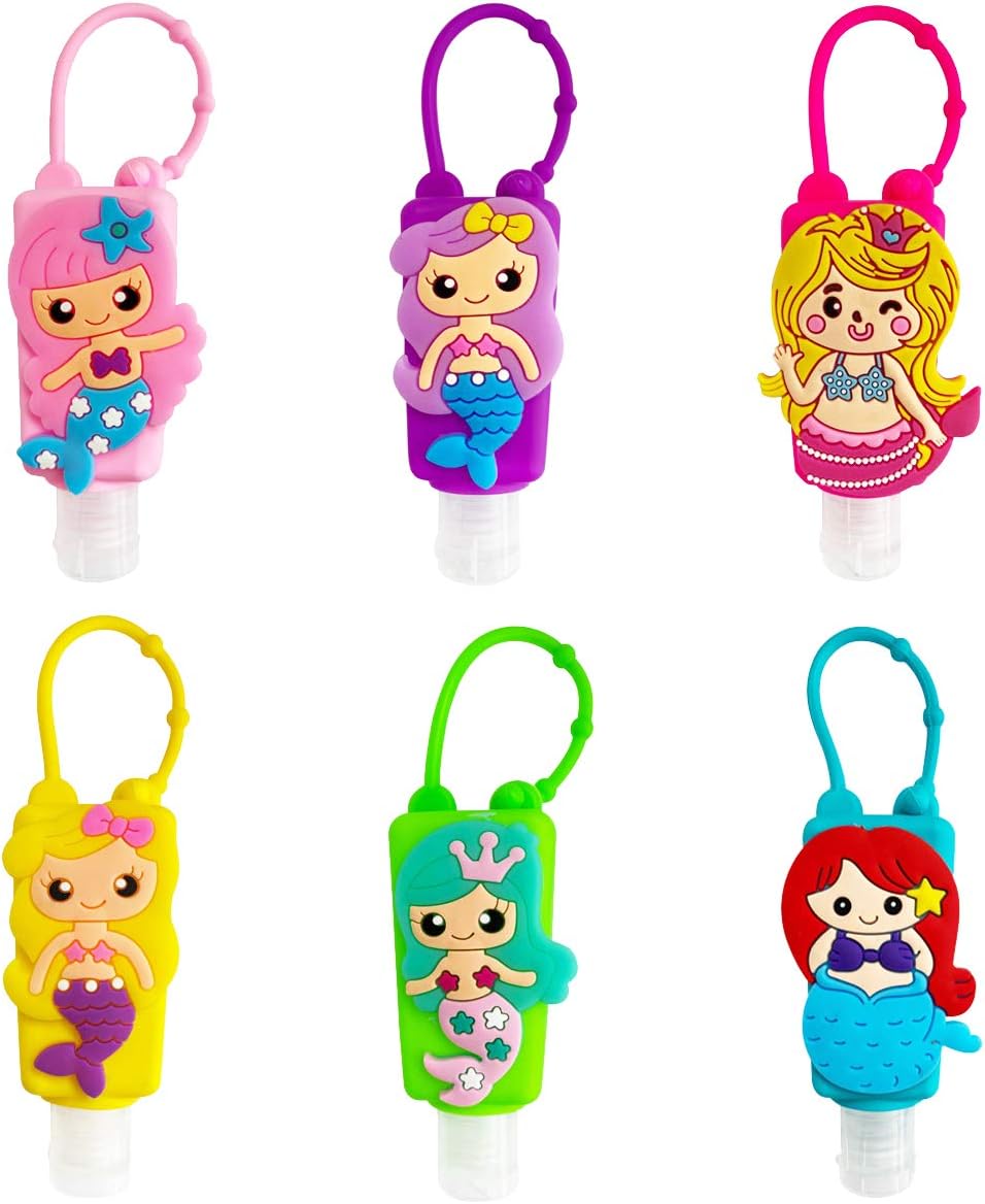 6 Pcs Cute Cartoon Kids Refillable Bottles Travel Containers Empty Plastic Bottles with Silicone Case Keychain Carrier, 30 ml Portable Leak Proof Flip Cap Keyring Bottles - Mermaid