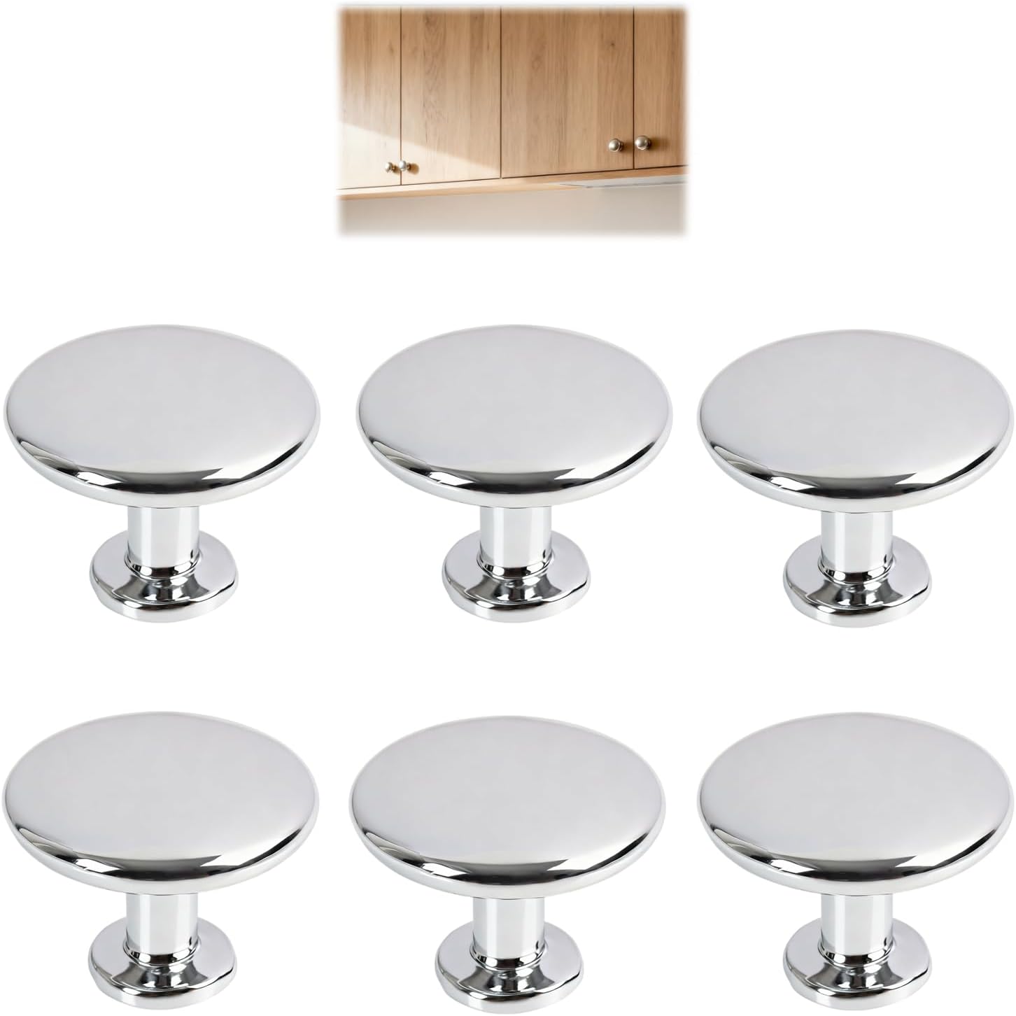 6 Pack Cabinet Knobs, 28mm Round Drawer Wardrobe Handles, Stainless Steel Chrome Finish Furniture Pull Knobs, for Kitchen Cupboards Wardrobes Cabinets Dressers and Drawer Replacement