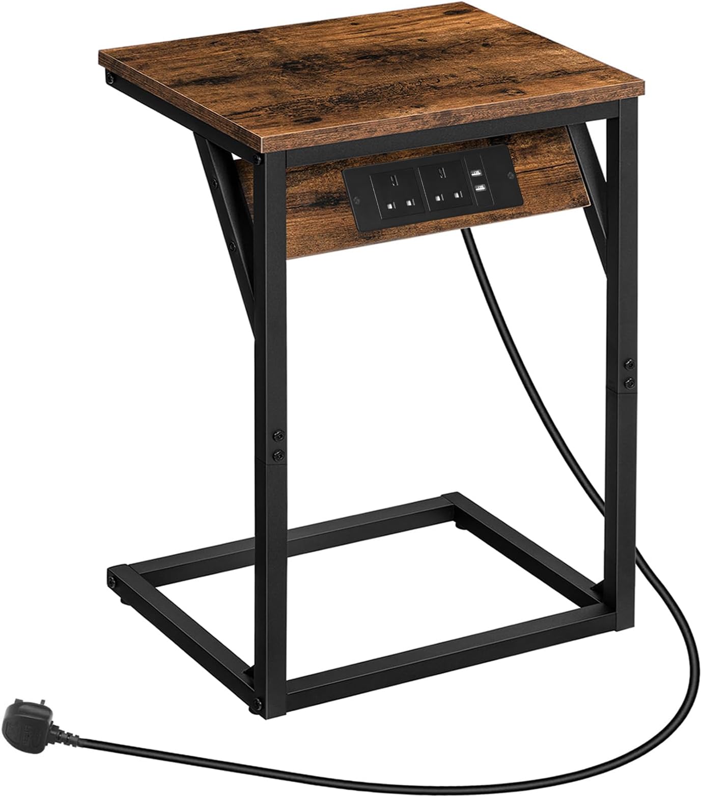 HOOBRO C Shaped Side Table, Sofa Side Table with Charging Station, 2 Plug Sockets and 2 USB Ports, Narrow Bedside Table for Small Spaces, Laptop Table for Sofa, Rustic Brown and Black EBF06KSF01