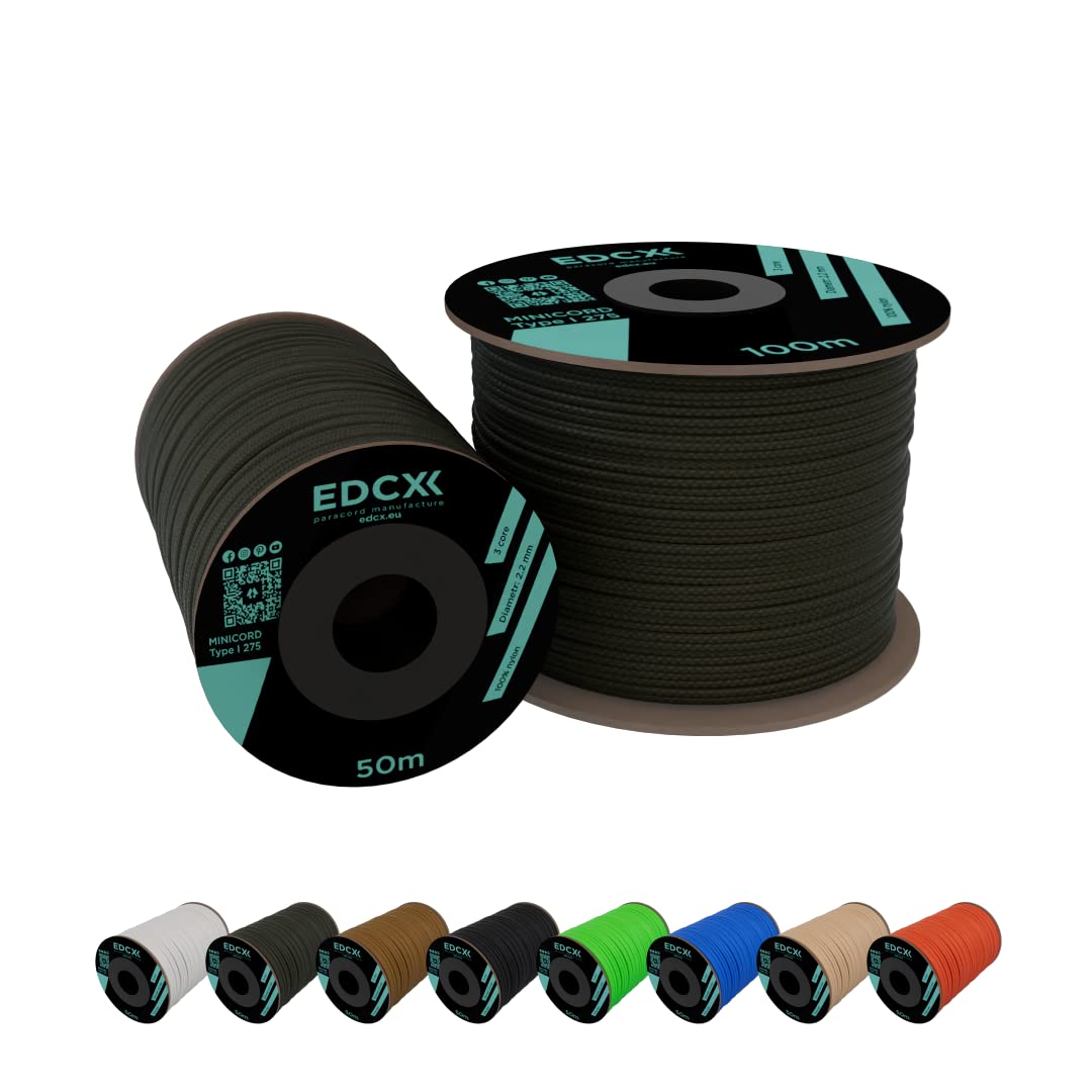 EdcX 2 mm Nylon Paracord 275 (15, 30, 50 and 100 m)– 100% Nylon rope, 3-Strand cord, Nylon cord 2 mm in Many Colours (Army Green, 50 m)