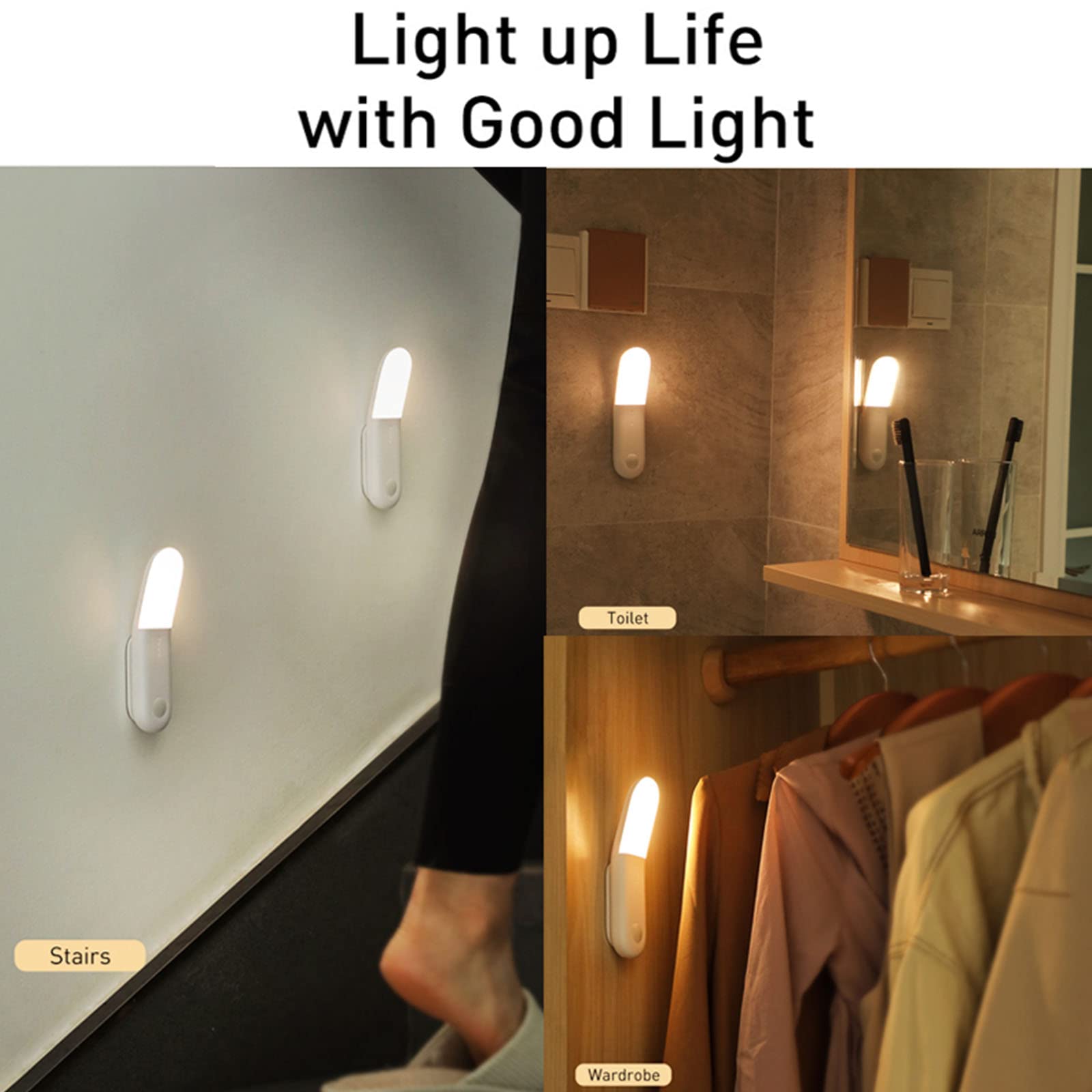 Luce Notturna Magnetica LED, Induzione del Corpo Umano Ricaricabile Tramite USB Luce di Emergenza Risparmio Energetico Sospesa, Lampada Parete Lettura da Comodino Letto da Corridoio,White Light