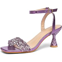 Womens Glitter One Strap Kitten Heel Sandals Sexy Square Open Toe Anti-Slip High Heels with Adjustable Ankle Strap Club Party Bar Evening Pumps