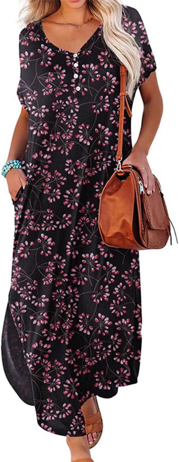 Leewos 2021 New! Summer Plus Size Dresses,Women Casual Floral Pattern Off Shoulder V Neck Bandage Irregular Slit Long Dress (Black, XL)