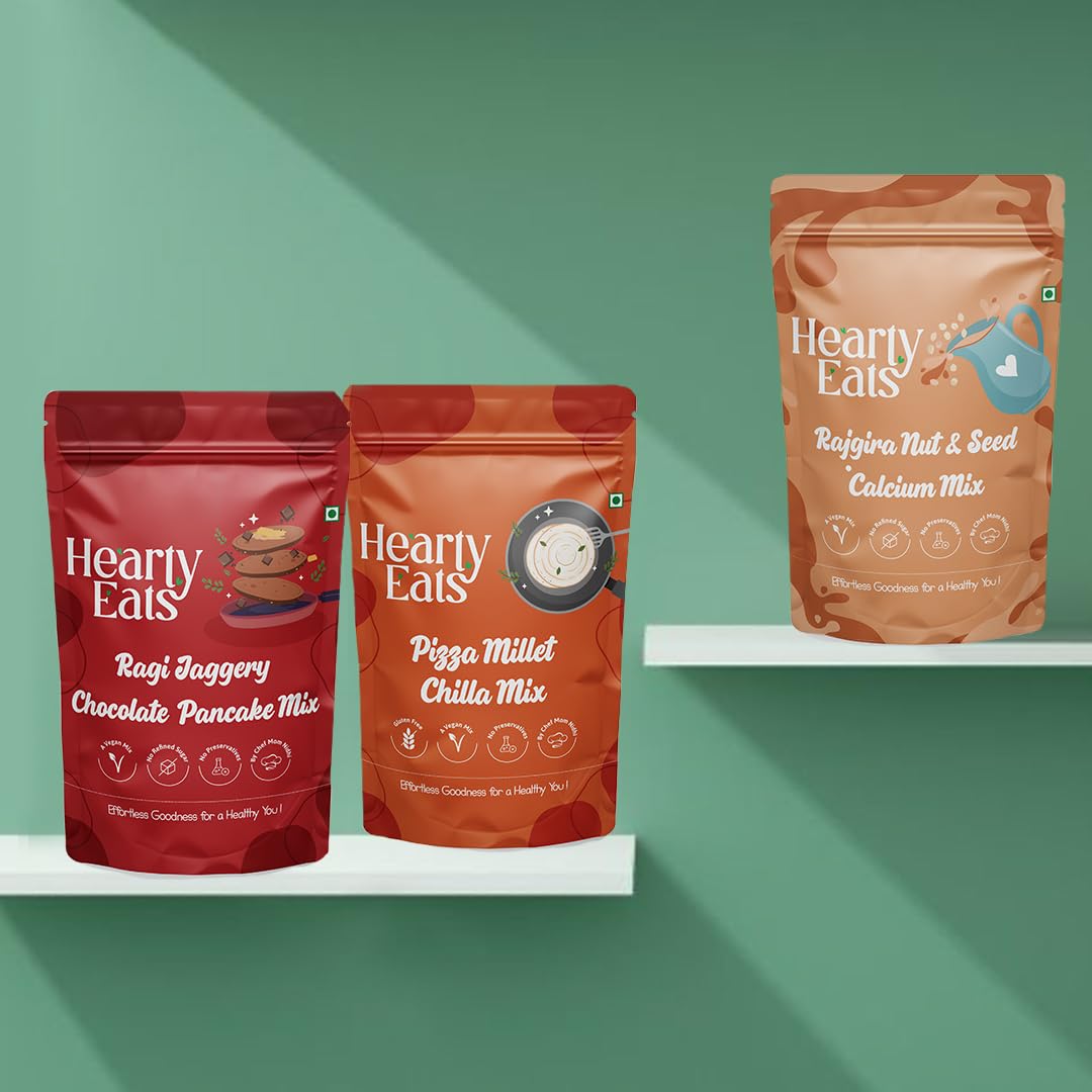 Hearty Eats Healthy Breakfast Combo Ragi Jaggery Chocolate Pancake Mix, Rajgira Nut And Seed Calcium Mix & Pizza Millet Chilla Mix (Combo Pack 3) 225 Grams Each-image-21