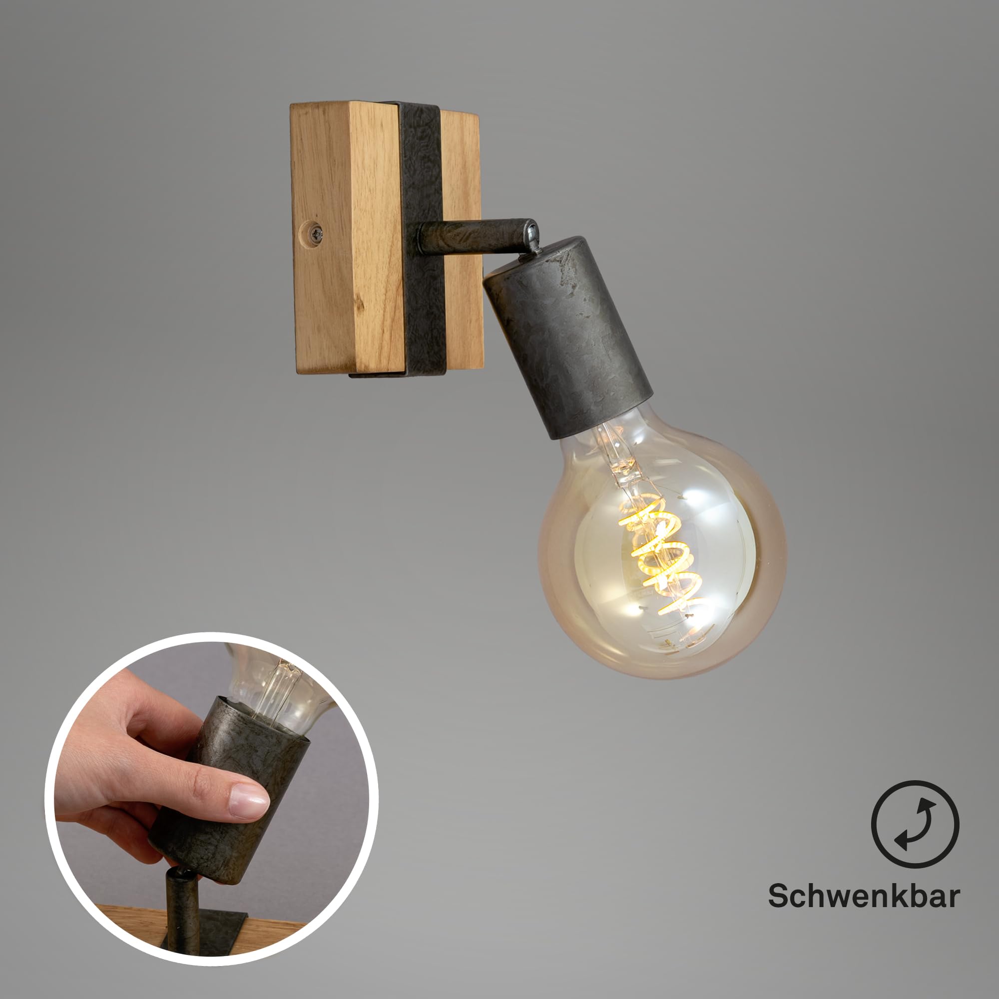 BRILONER - Wandleuchte Innen schwenkbar, Vintage, Holzbasis, Wandlampe innen, Wandstrahler, Wandlicht, Wandbeleuchtung, Schlafzimmer, Flurlampe, Wall Light, 10x10,3x9 cm, Holz-Schwarz
