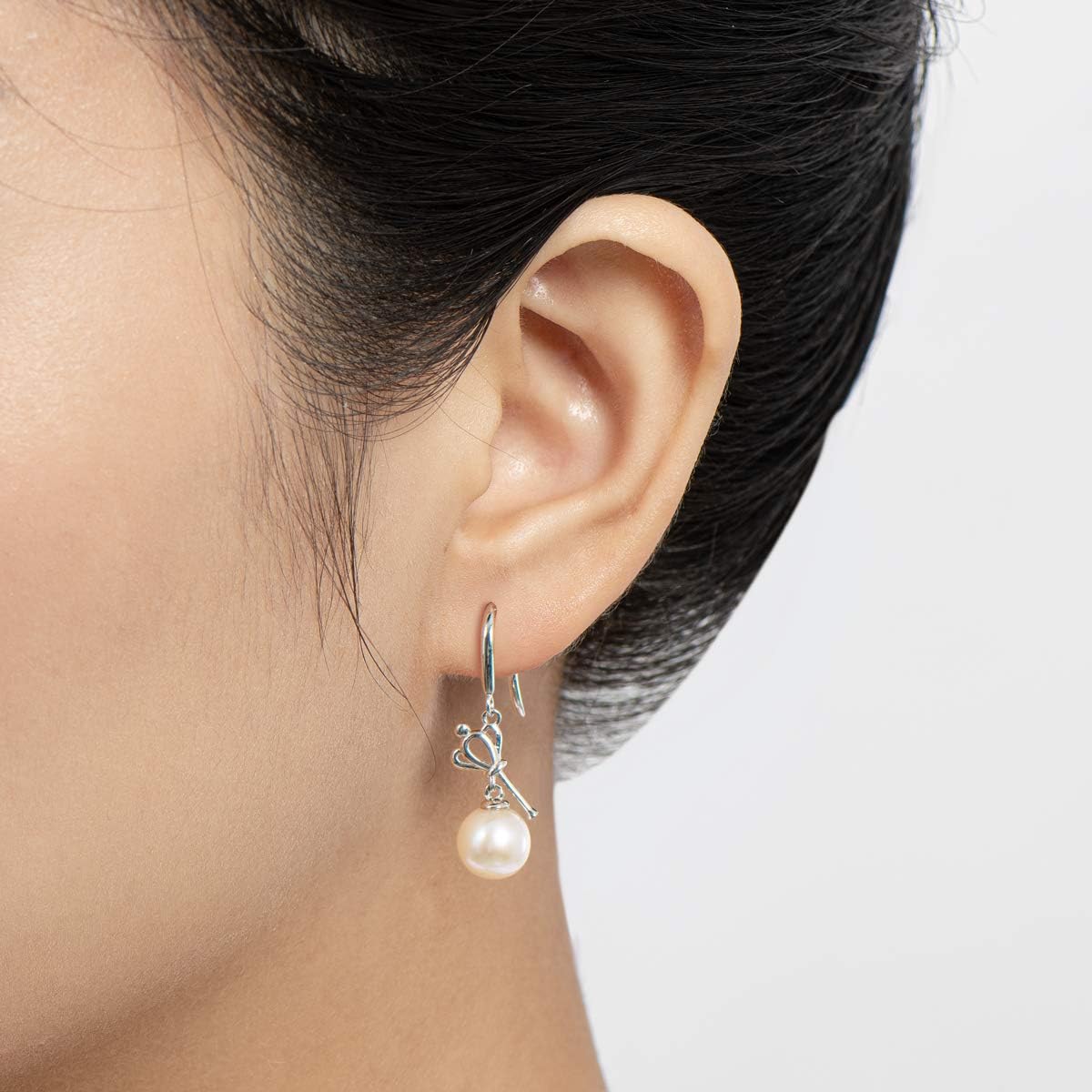 Freshwater White Pearl Dangle Drop Hook Earrings Cultured Fishhook Pearl Crown Key Shaped Sterling Silver Earrings Anniversary Birthday Mother Day Jewelry Gifts for Women(Size:7mm)