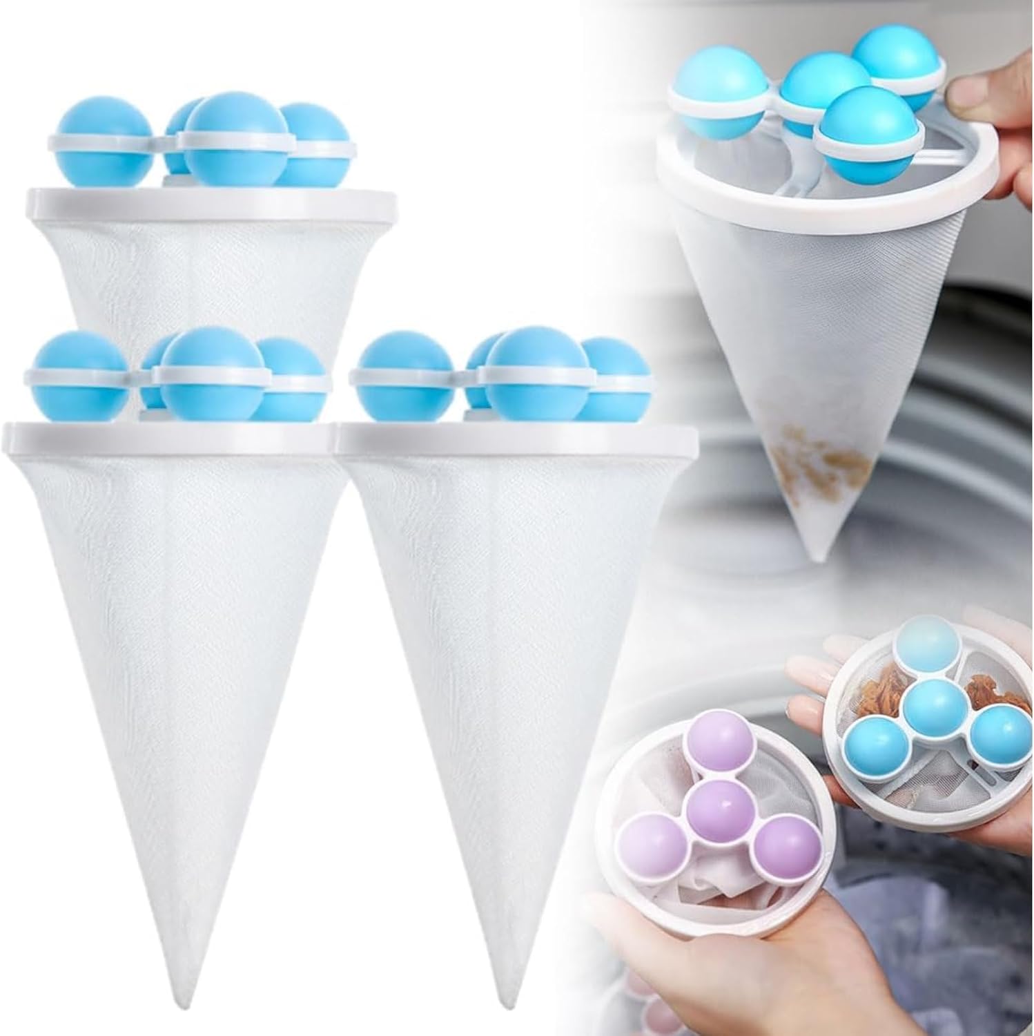 Floating Hair Filtering Mesh Removal, 3Pcs Lint Catcher for Washing Machine Hair Catcher Washer Machine, Reusable Lint Catcher for Laundry Dog Cat Pet Hair Remover for Laundry (Blue)