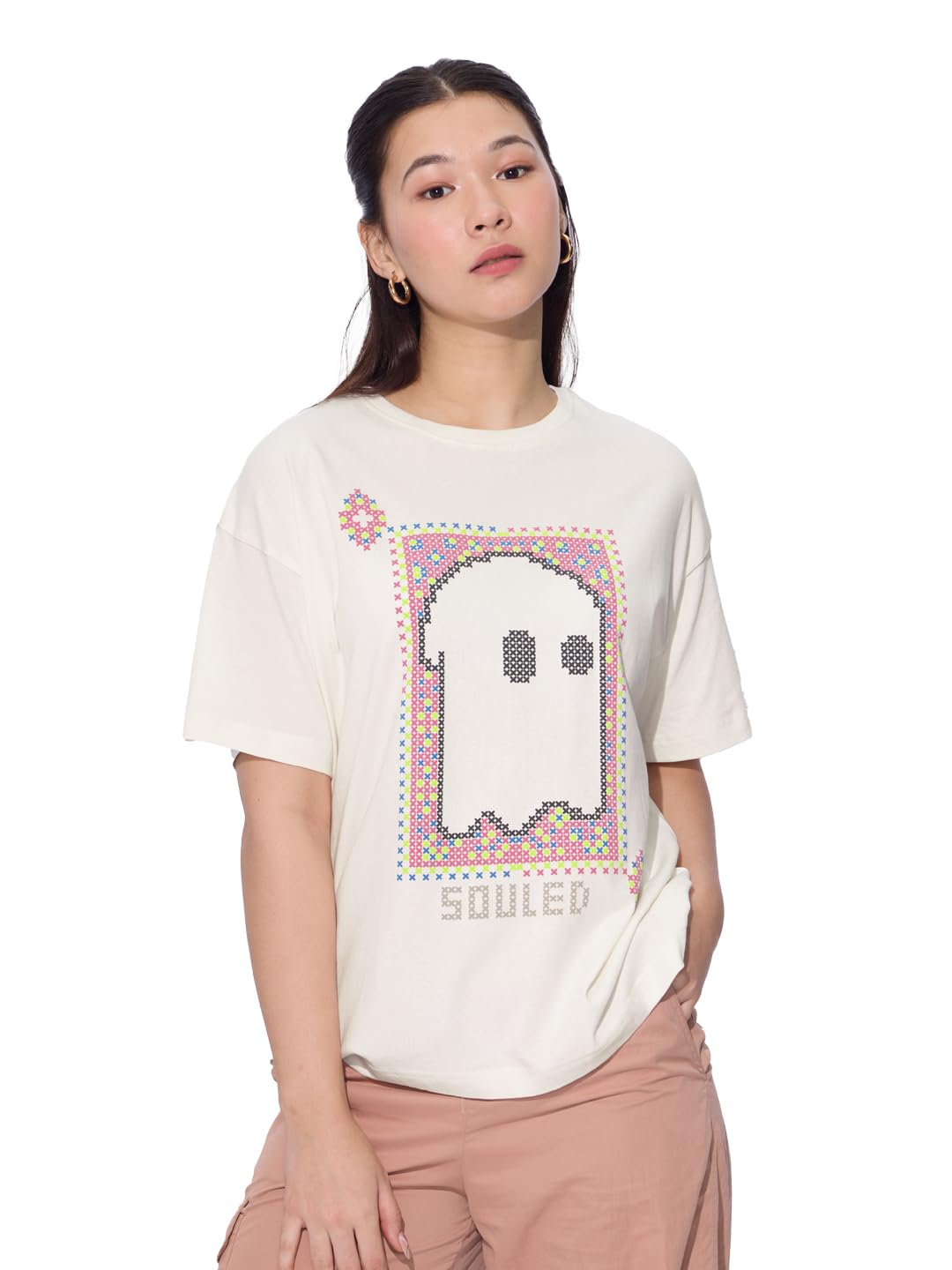 The Souled Store Soul Spark - Camiseta de manga corta para mujer y niña, cuello redondo, color blanco roto, estampado de algodón