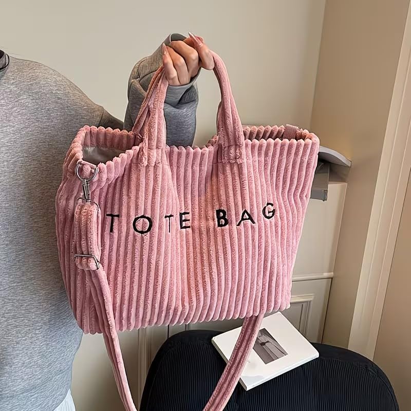 Image of Kawn Korean Tote Bag Aesthetic Corduroy Canvas Handbag for Women Zipper Casual Large Capacity Shoulder Bag with Pockets Versatile Everyday use for College Work Travel & Shopping