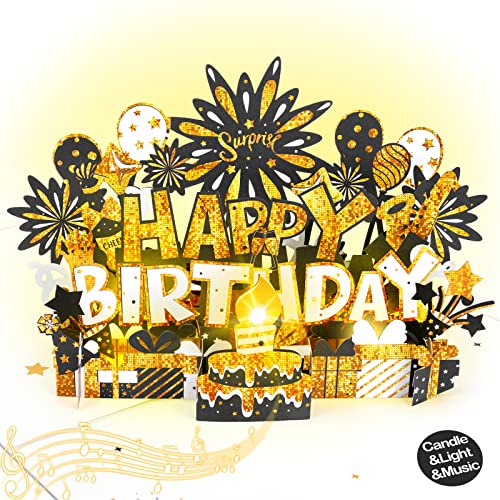 Image of INPHER Large Birthday Card Blow Out Candle Light and Music Pop Up Happy Birthday Card Musical Birthday Gift Greeting Cards Birthday Cards for Mom, Dad, Husband, Wife, Sister, Navy Blue