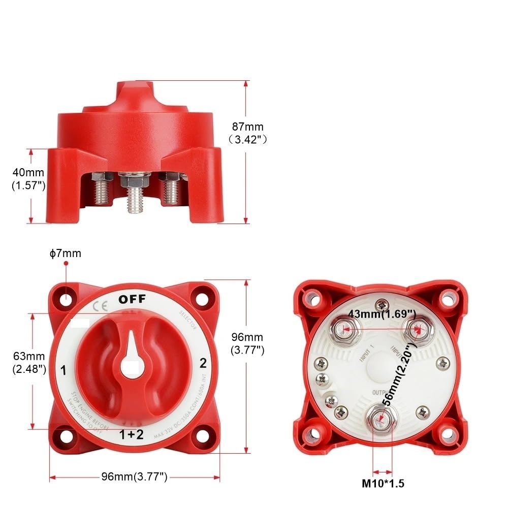 Luminous 32V 350A 2 Battery Disconnect Switches 4 Position Isolator Disconnect Rotary Switch for Marine Boat Truck RV(Red)