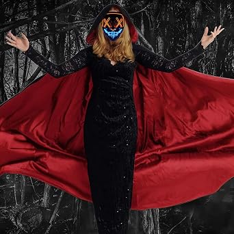 Vampire Cape, LED Halloween Mask 150CM Cloak Cosplay Costume Halloween Decorations Reversible Cape with Hood Party Fancy Dress Outfit Light up Mask for Adults Carnival