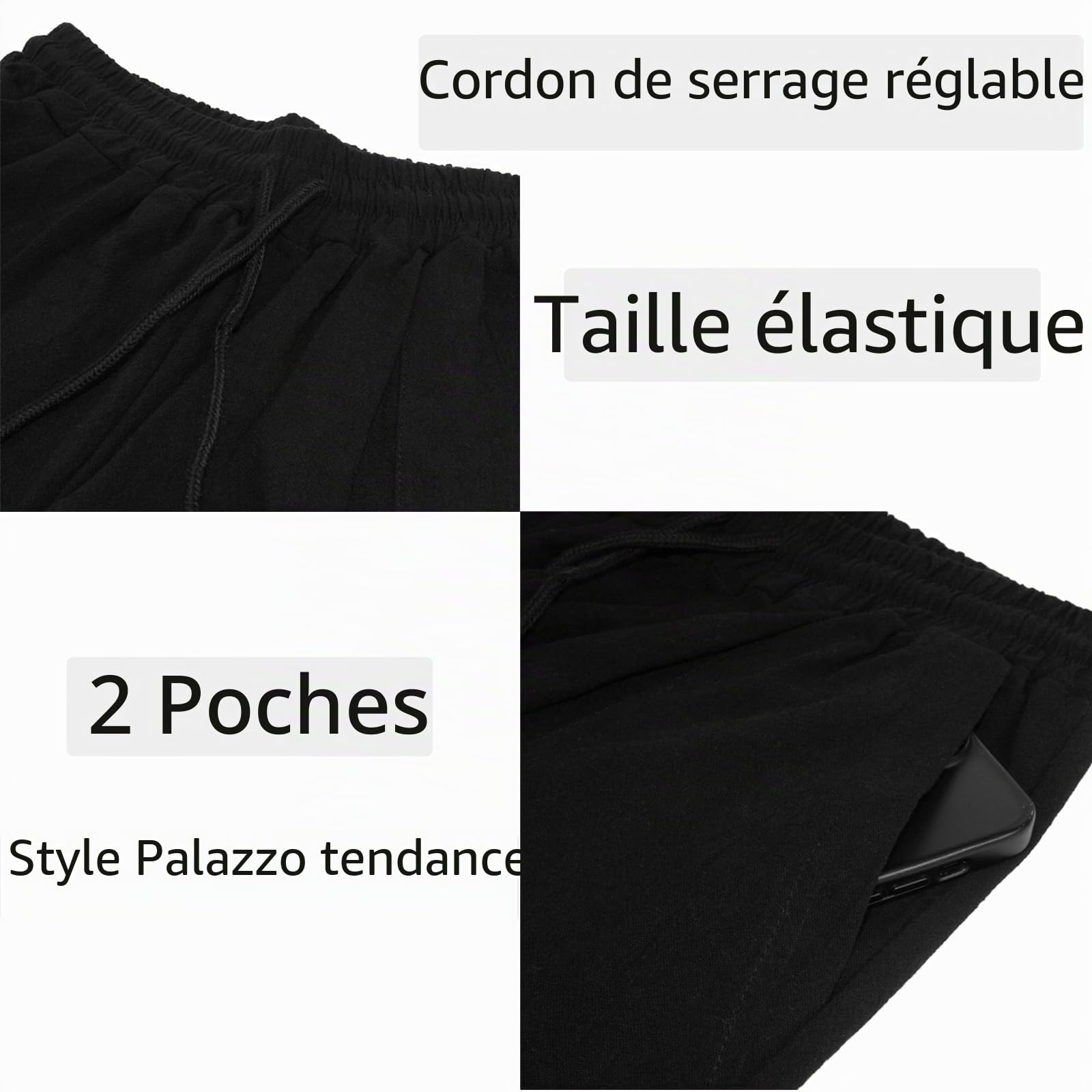 Nuofengkudu Pantalon Large Femme Fluide Été Ample Cordon Elastique Taille Haute Poche Longue Yoga Pantalons Leger Elegant Palazzo Bootcut Bas de Pyjama Plage Jogging