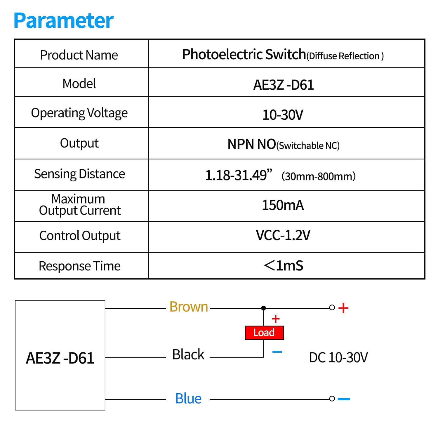 Micro Photoelectric Sensor Switch NPN NO+NC,DC10-30V,Distance:80cm/31.52'', AE3Z-D61,Reflective photovoltaic Sensor,Garage Parking sensors,Infrared,Beam mini Small