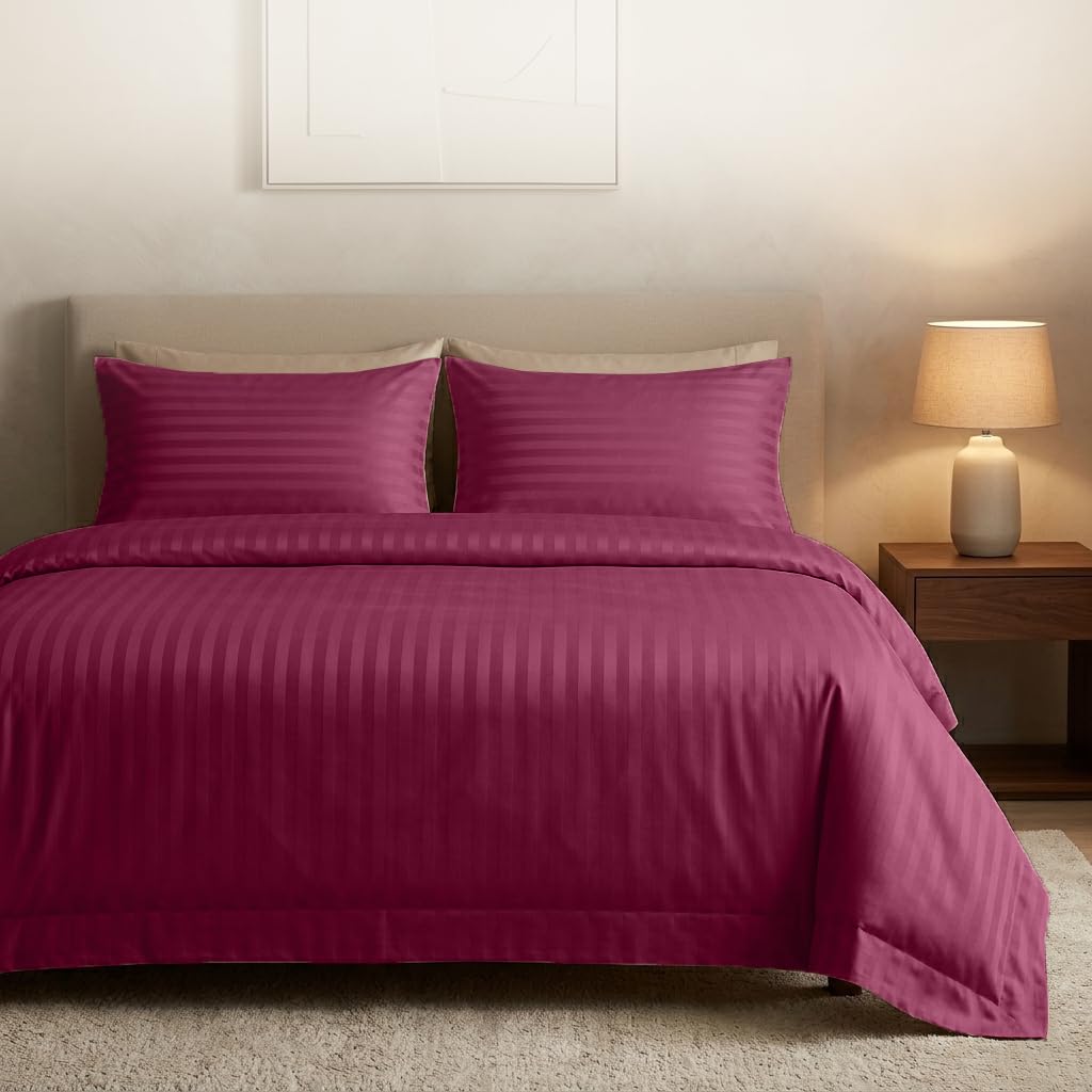 Casabella Burgandy Satin Stripe Duvet Cover Sets-Luxurious King Bedding With Stripes,Kingsize Duvet Cover Sets, Hotel Quality King Size Duvet & Pillowcases, Satin Stripe Duvet King Size