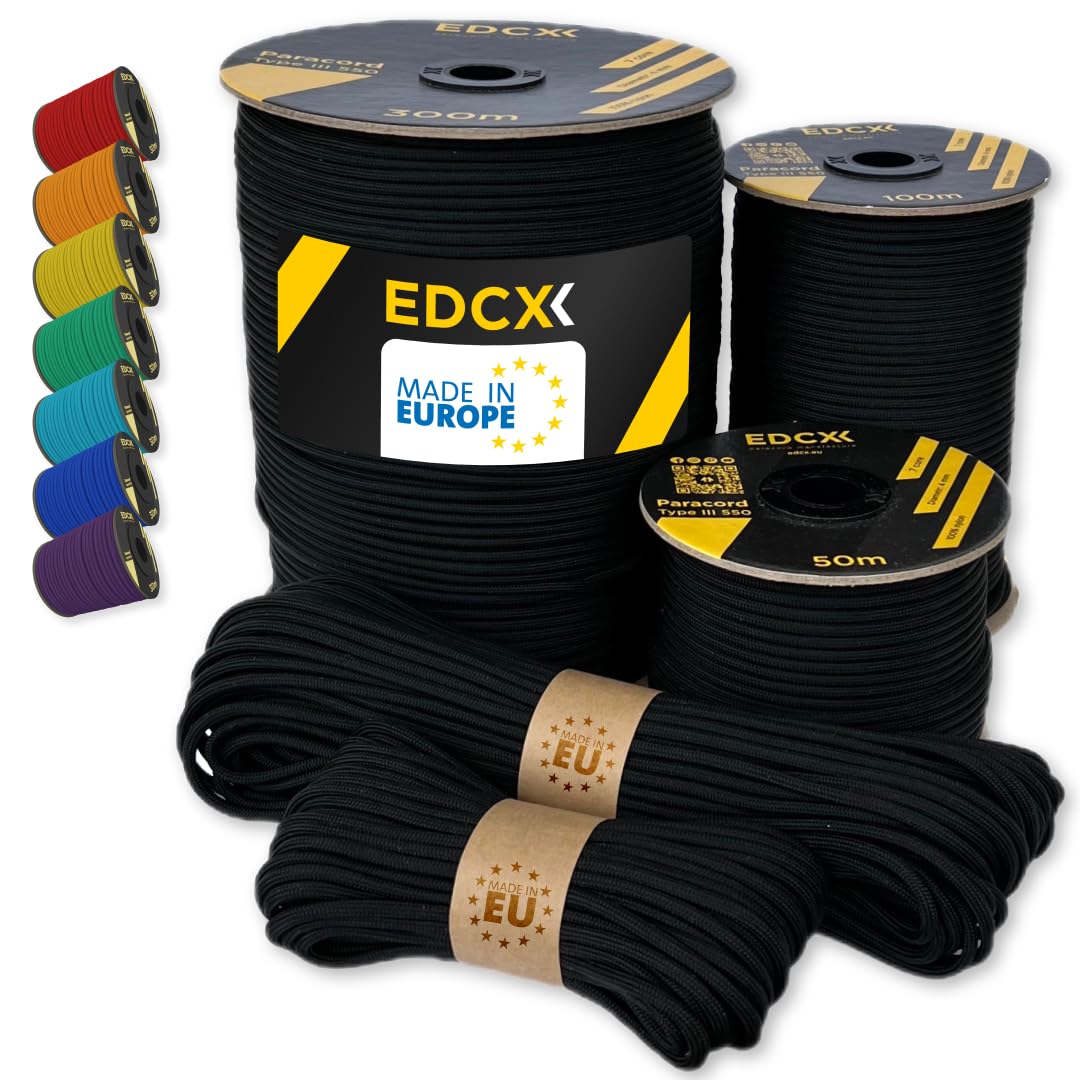 Paracord 4 mm, 35+ Couleurs Unies (10 m, 15 m, 30 m, 50 m, 100 m, 300 m) | Idéal pour l'artisanat, Le Camping, la Survie | Corde 100% Nylon 4 mm | Cordon Tactique 550 Type III (Black, 10 m)