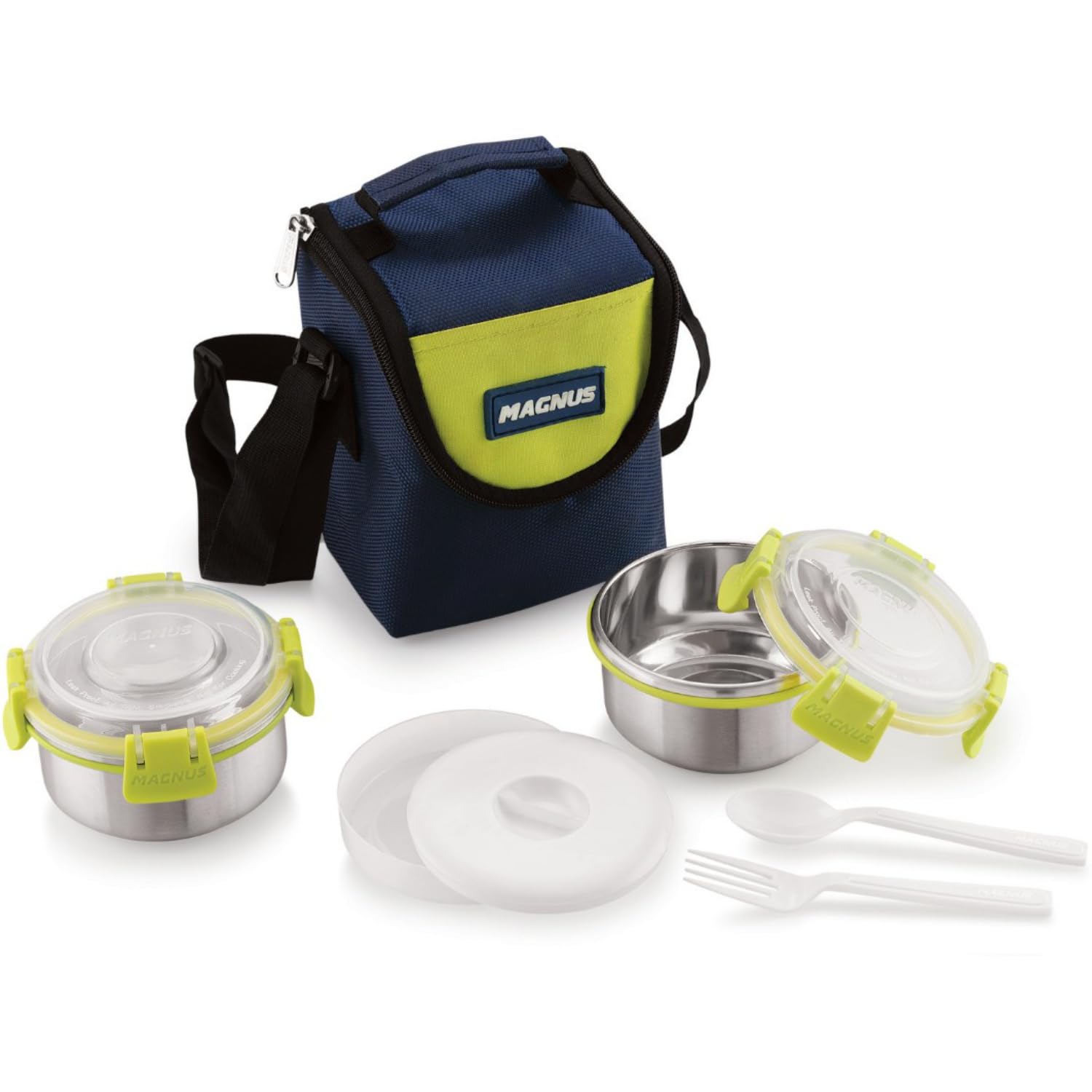 Magnus Aura 2-Piece Stainless Steel Lunch Box Set with Tiffin Bags, Utensils & Pouch | Airtight, Leakproof Containers | Lunch Box for Kids, Lunch Boxes for Office Men, Women, School | BPA-Free