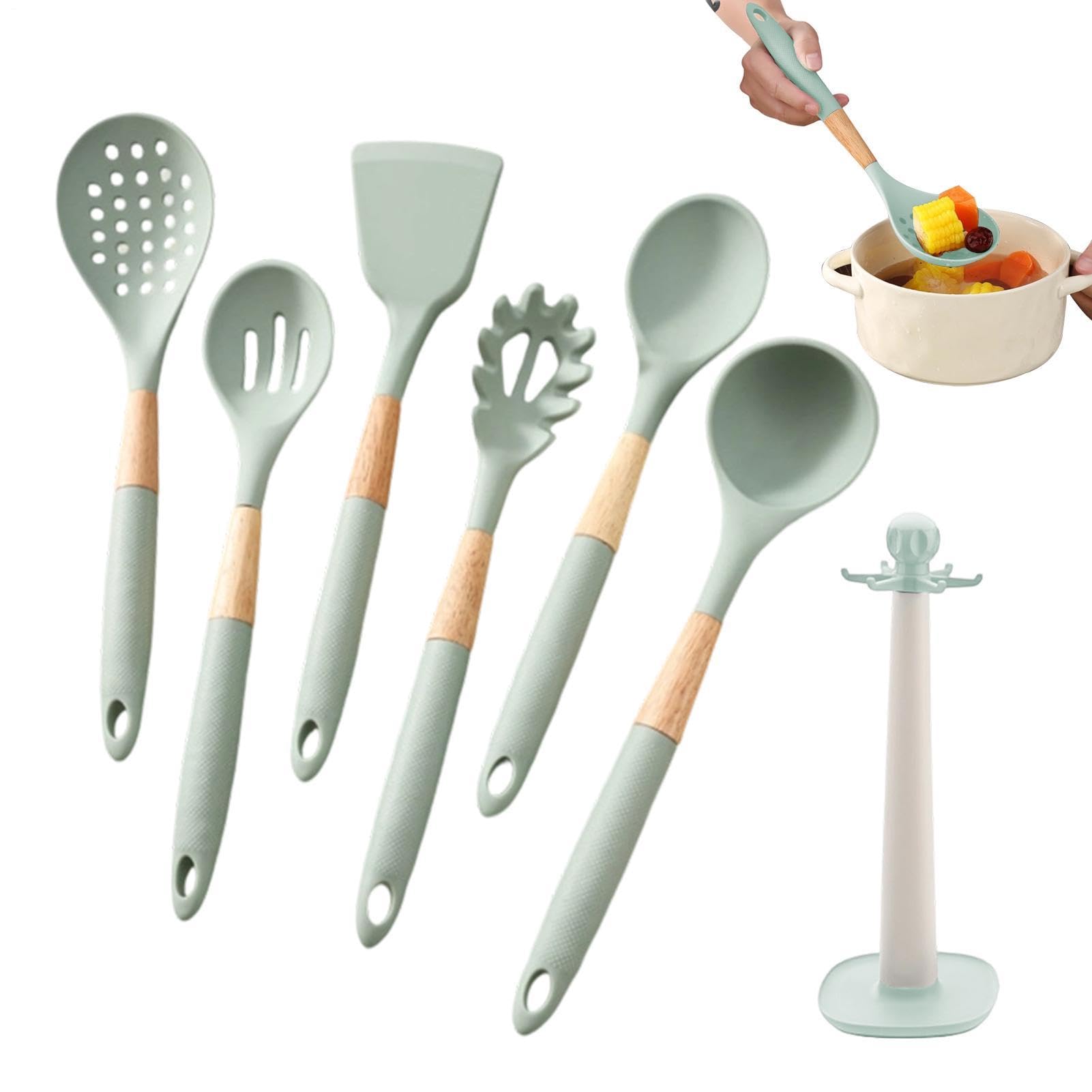 Utensili da Cucina in Silicone 7 Pezzi con Manico Lungo Resistente al | Set di Spatole e Utensili da Cucina per Pentole Antiaderenti, Raschiare, Cuocere al Forno,