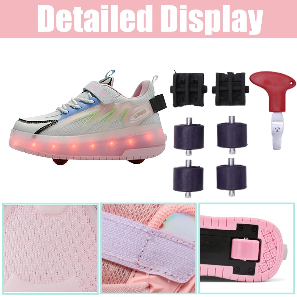 Hixingo Zapatillas con Ruedas Niña Niño, Malla Zapatos con Dos Ruedas 2 en 1 Zapatillas Patines Zapatillas Ruedas con Luz LED, Zapatos Patines Calzado de Skateboarding Multifuncionales