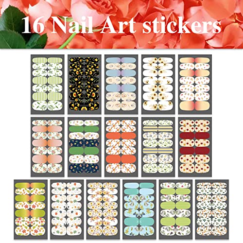 Wokoto 16 Sheets Flowers Leaves Nail Stickers For Acrylic Nails Flowers Maple Leaf Nail Polish Strips Stickers Full Nail Wraps For Women With Nail File Press On Nail Polish Stickers Nail Art Wraps #TOP1
