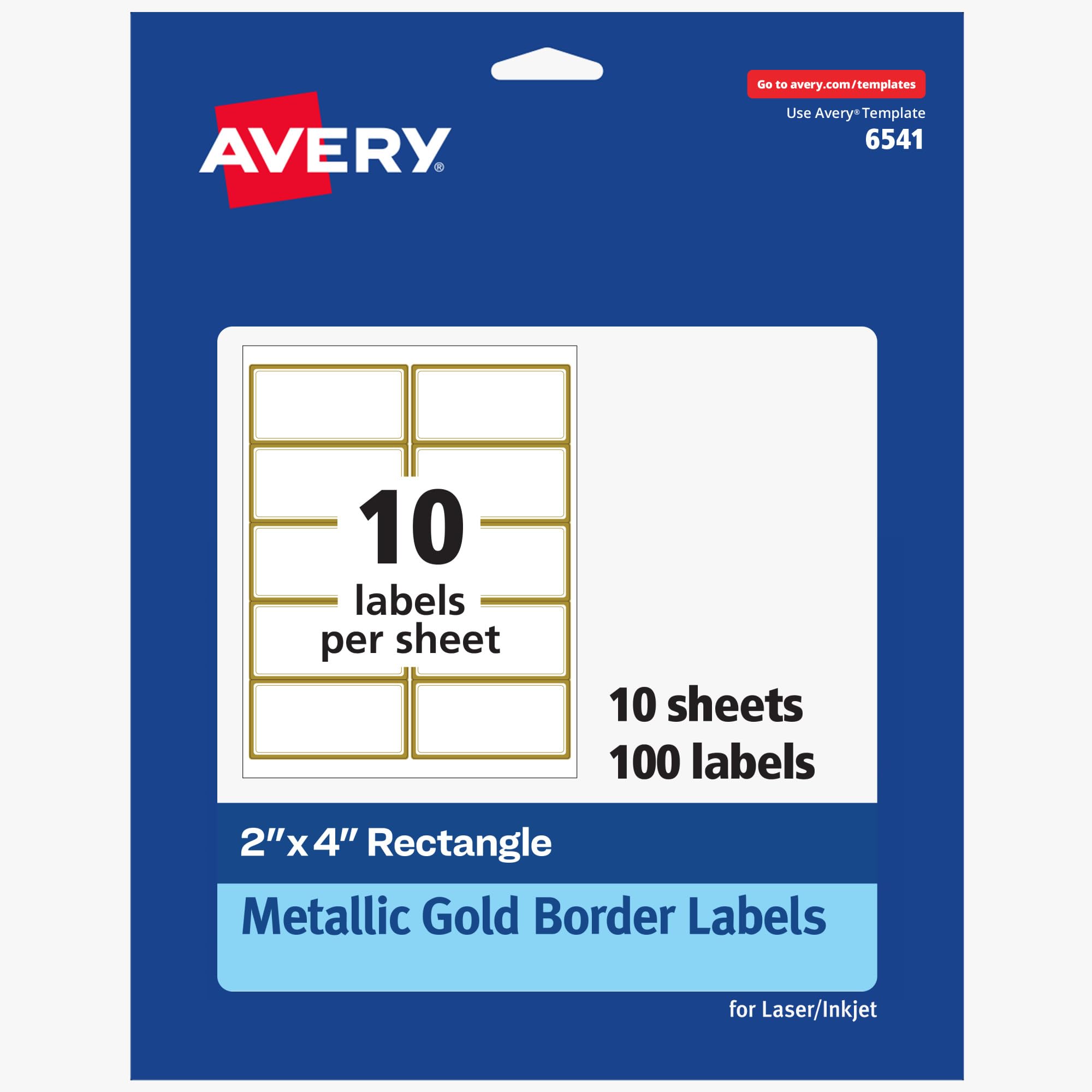 Avery Printable Rectangle Labels, 2" x 4" Blank Labels, Shipping, Matte White, Metallic Gold Border, Permanent Adhesive, Laser/Inkjet Printable, 100 Total (6541)